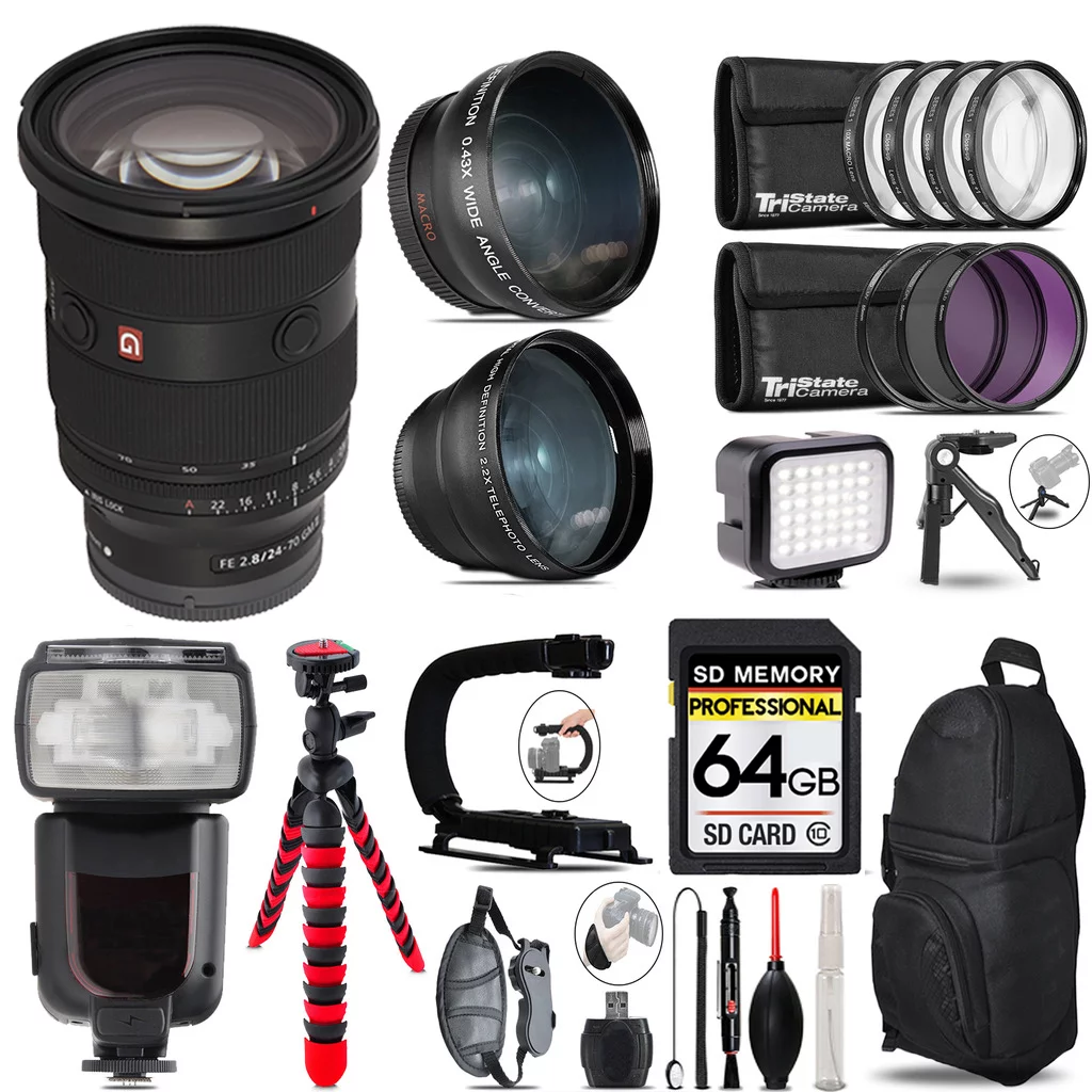 Sony FE 24-70mm f/2.8 GM II Lens + LED Light + Tripod - 64GB Accessory Bundle