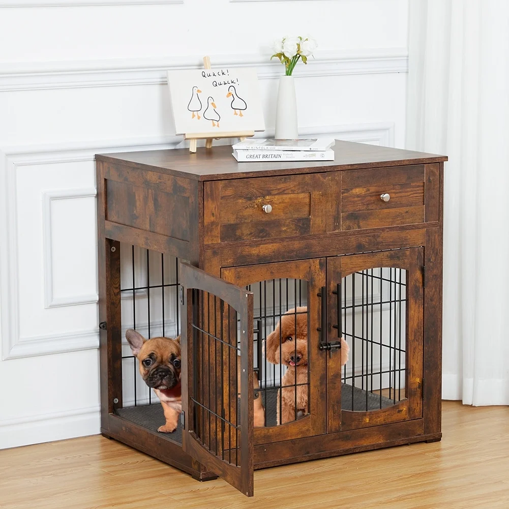 Hui zhou New Style Wooden Toy Co.,Ltd Dog Crate Furniture with Cushion,Wooden Dog Kennel with 2 Drawers,3-Doors Dog Furniture,Dog House,Dog Cage Brown