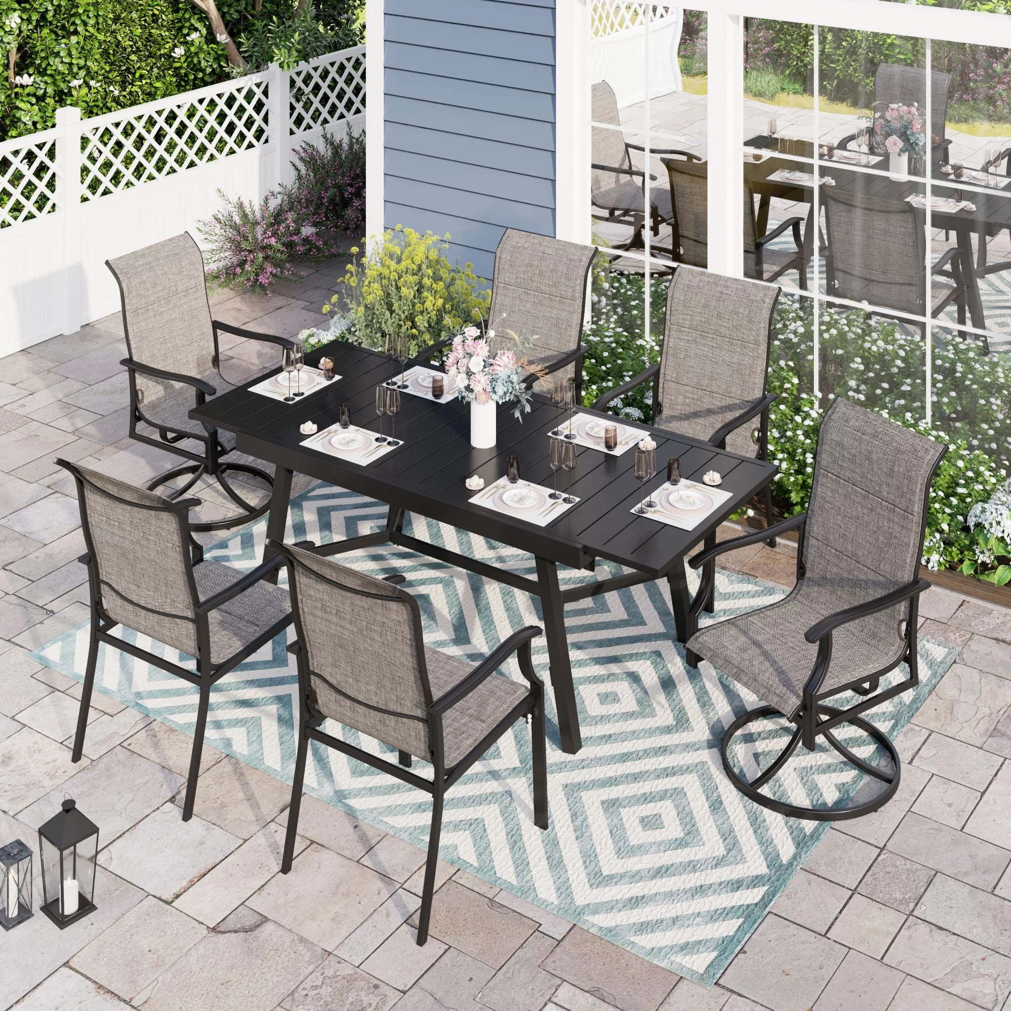 Sophia & William 7 Pieces Metal Outdoor Patio Dining Set with Gray Padded Textilene Chairs and Black Extendable Table