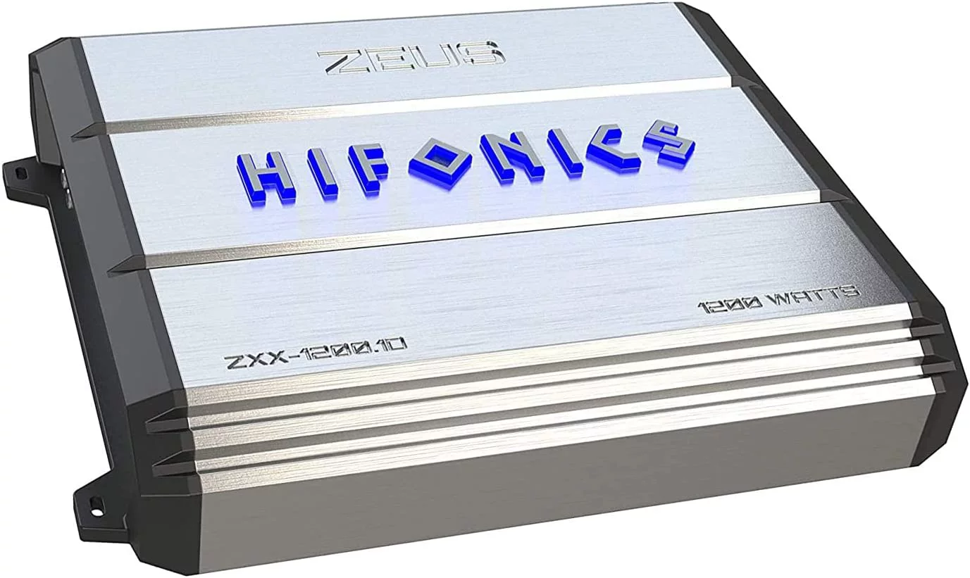 Hifonics Zeus 1200.1D Mono Amplifier with a Hifonics HFX12D4 Subwoofer, Silver Amplifier, Black Subwoofer