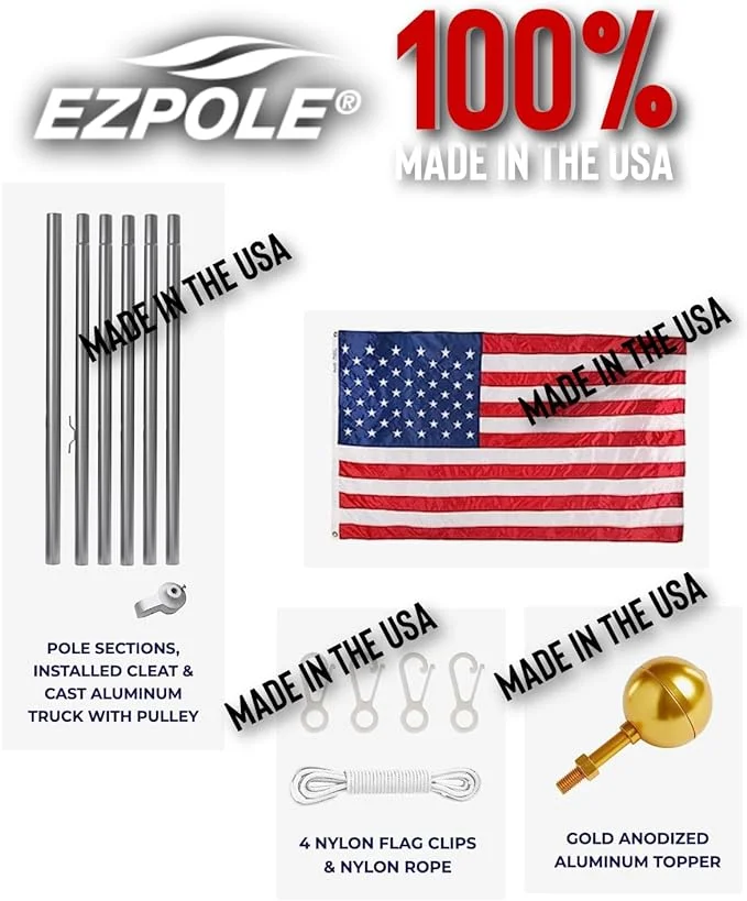 Ezpole All American Silver Sectional Flagpole, 25 foot with 4’ x 6’ Sewn Nylon American Flag, Heavy Duty 14 Gauge Aluminum Sectional Pole, US Flag, Ground Sleeve, and All Hardware. 100% Made in USA