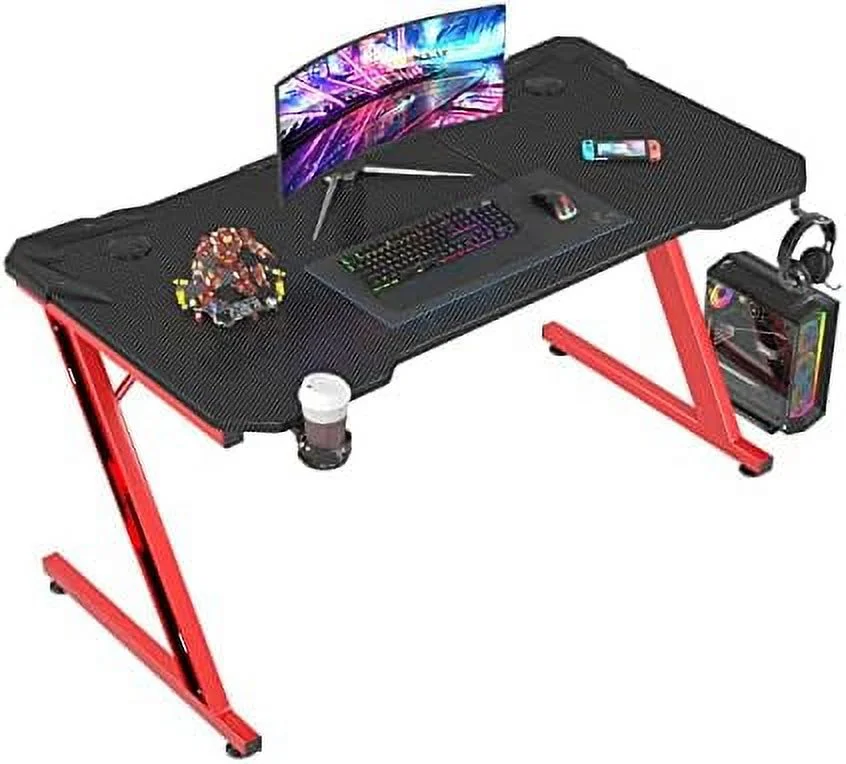 YPDCHB Gaming Desk  Computer Desk with Carbon Fiber Surface  Gaming Table Z Shaped PC Gaming Workstation Home Office Desks with Cup Holder and Headphone Hook (44 inch  Black)
