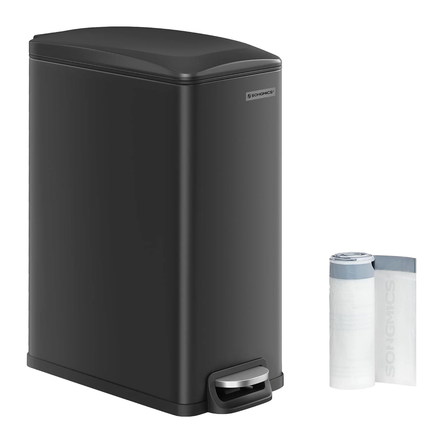SONGMICS Slim Trash Can, 12.7 Gallon Garbage Can for Narrow Spaces with Soft-Close Lid, Black