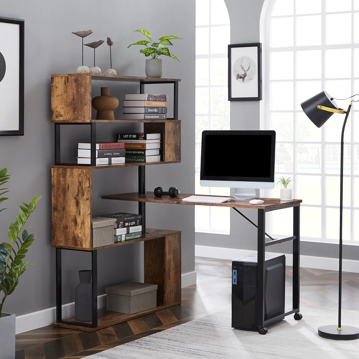 Modern Rotating L-Shaped Home Office Computer Desk with Lockable Casters and Unique Tiger Design  featuring 5-Tier Bookshelf for Easy Installation Methods and Four Corners Table
