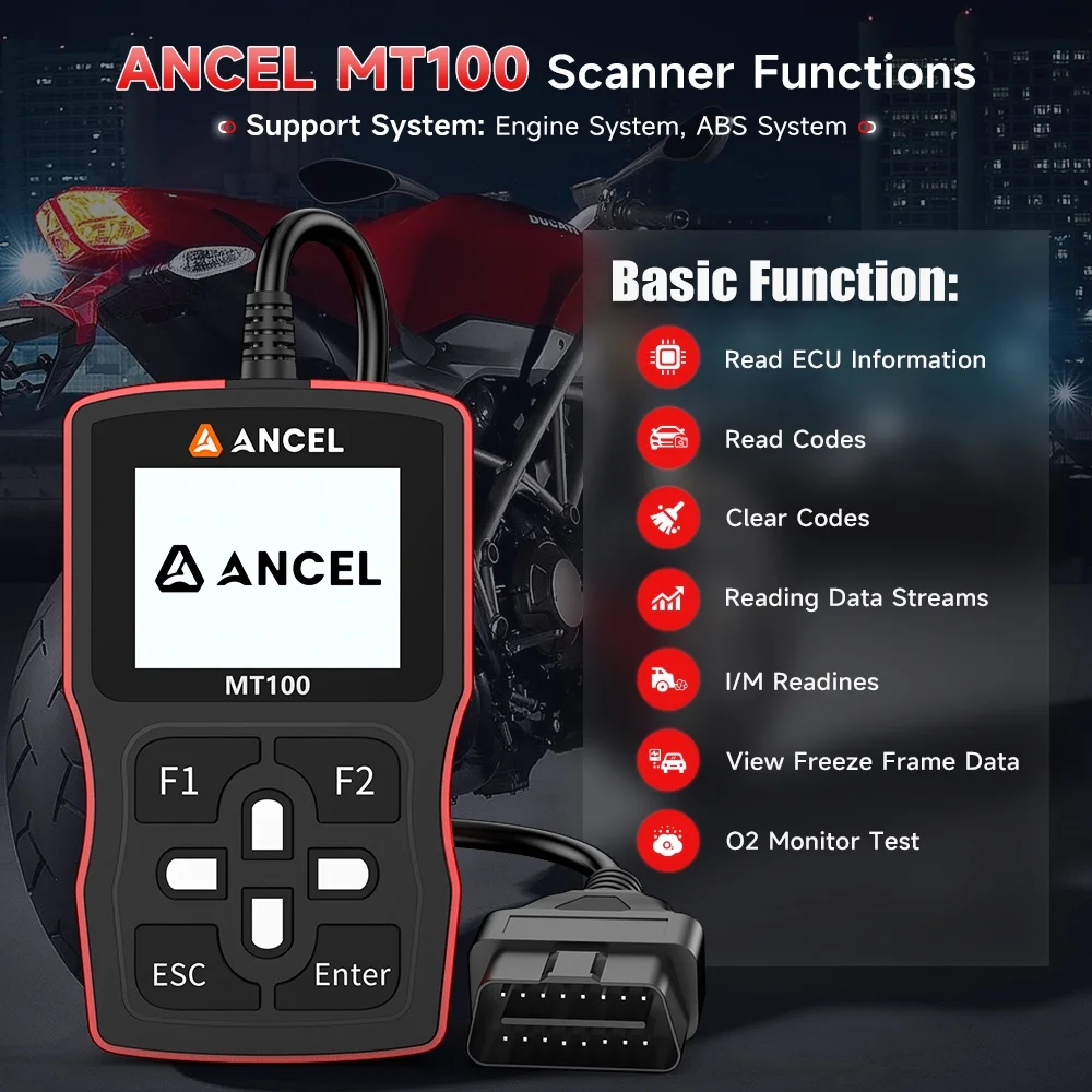 ANCEL MT100 Motorcycle Diagnostic Scan Tool Code Reader ABS Engine Code Scanner Motorbike Scanner Full OBDII Functions Turn off Fault Indicator Light Read Clear Code Live Data OBD2 Scanner Free Update