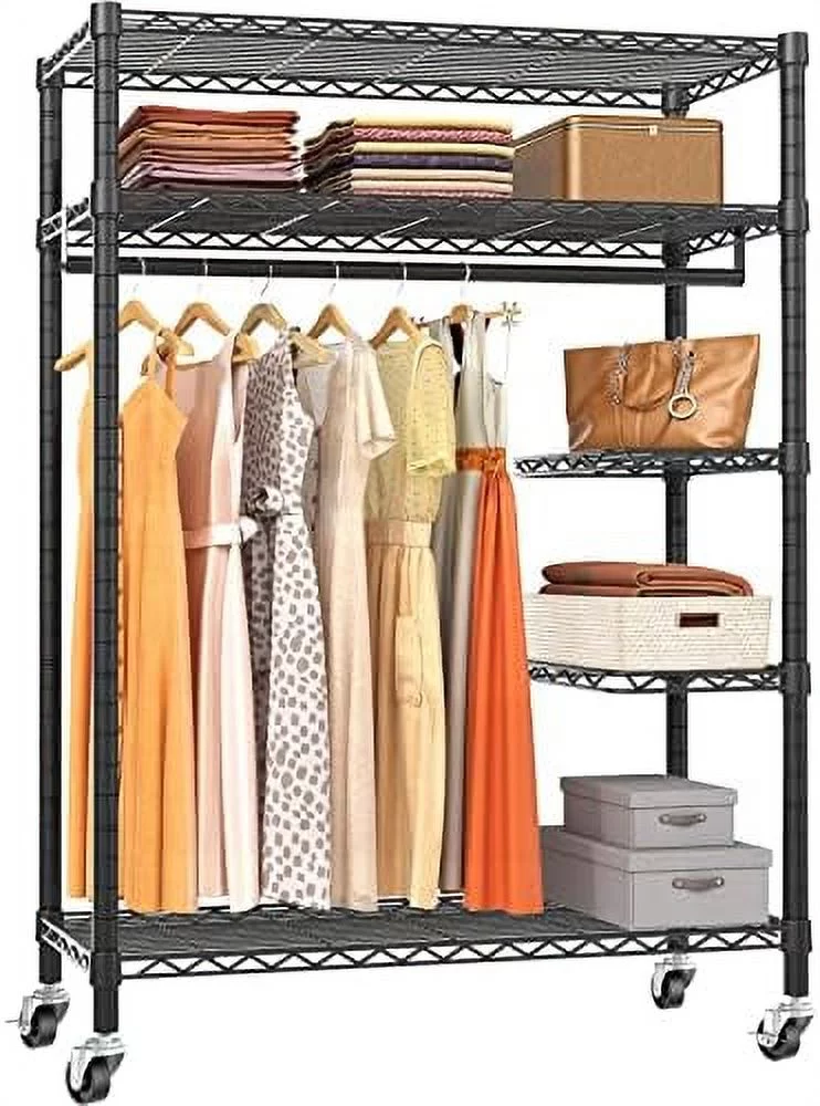 FDIGLUL V11C Wire Garment Rack Rolling  Heavy Duty Portable Closets with Lockable Wheels Adjustable Wardrobe Black Metal Clothing Rack with Frosted Translucent Cover  Max Load 452LBS