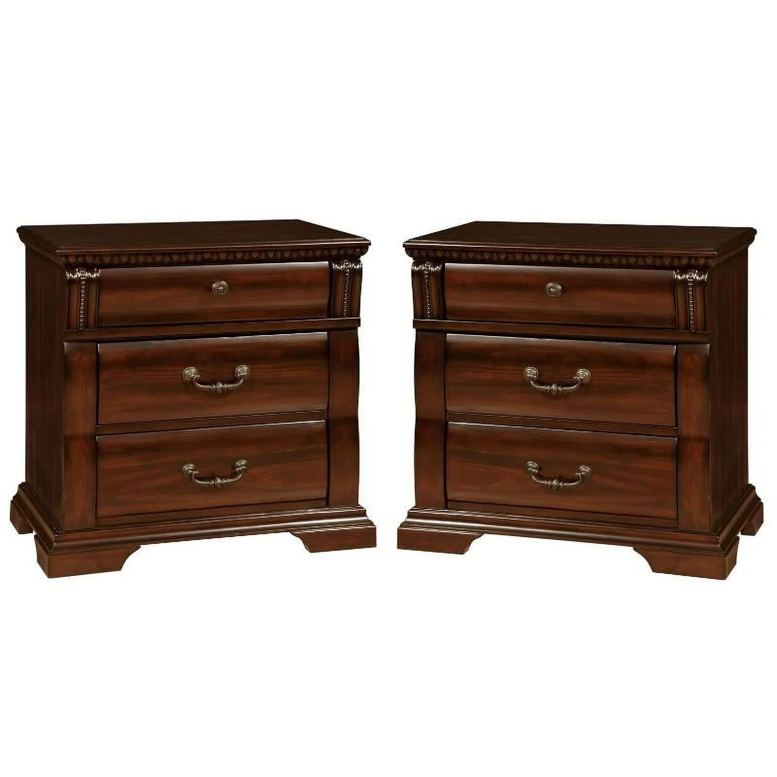 Oulette Transitional Wood 3 Drawer Nightstand in Cherry Set of 2