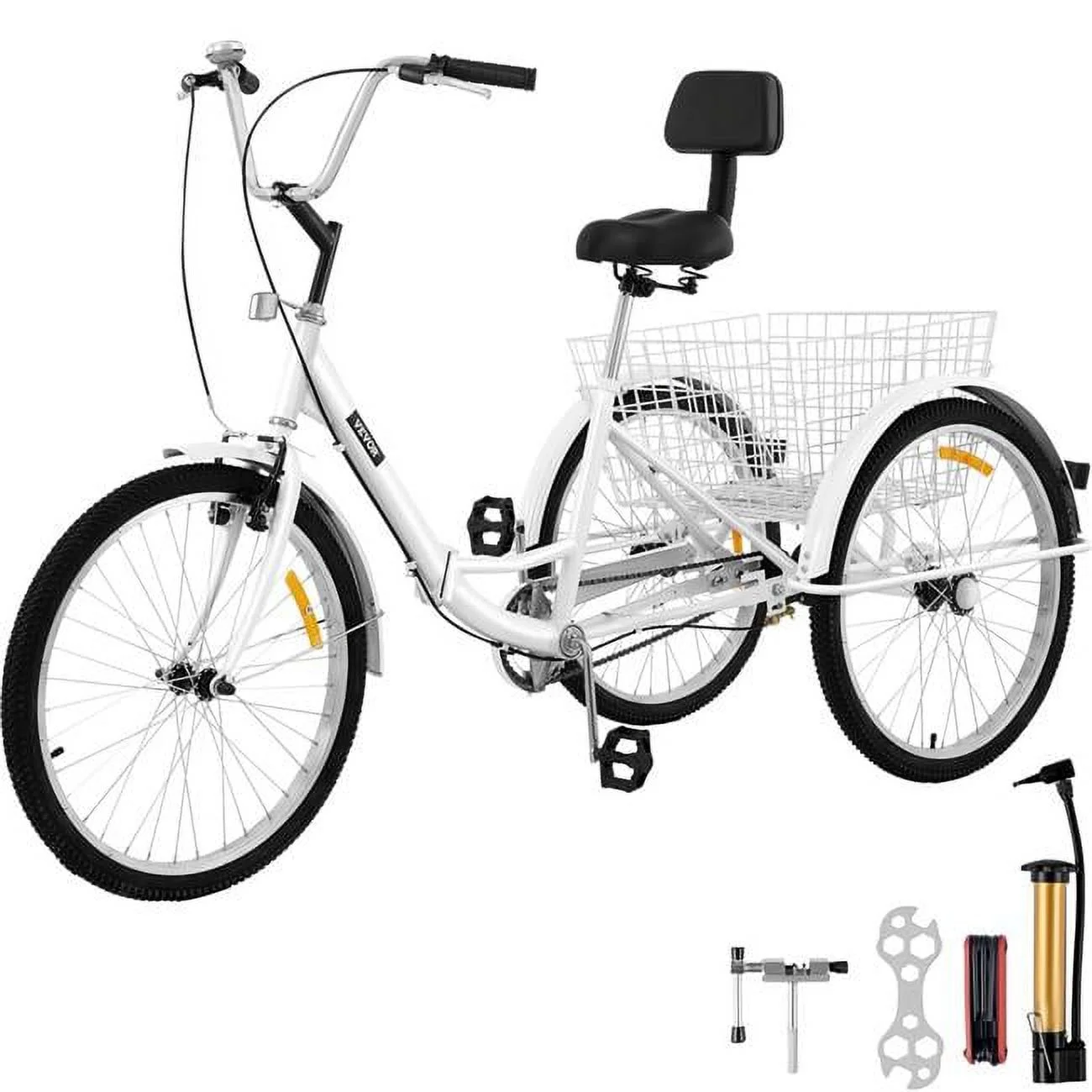 Vevor  24 in. Wheels Adult Tricycle 1-Speed 3 Wheel Bikes - White for Adults Three Wheel Bike