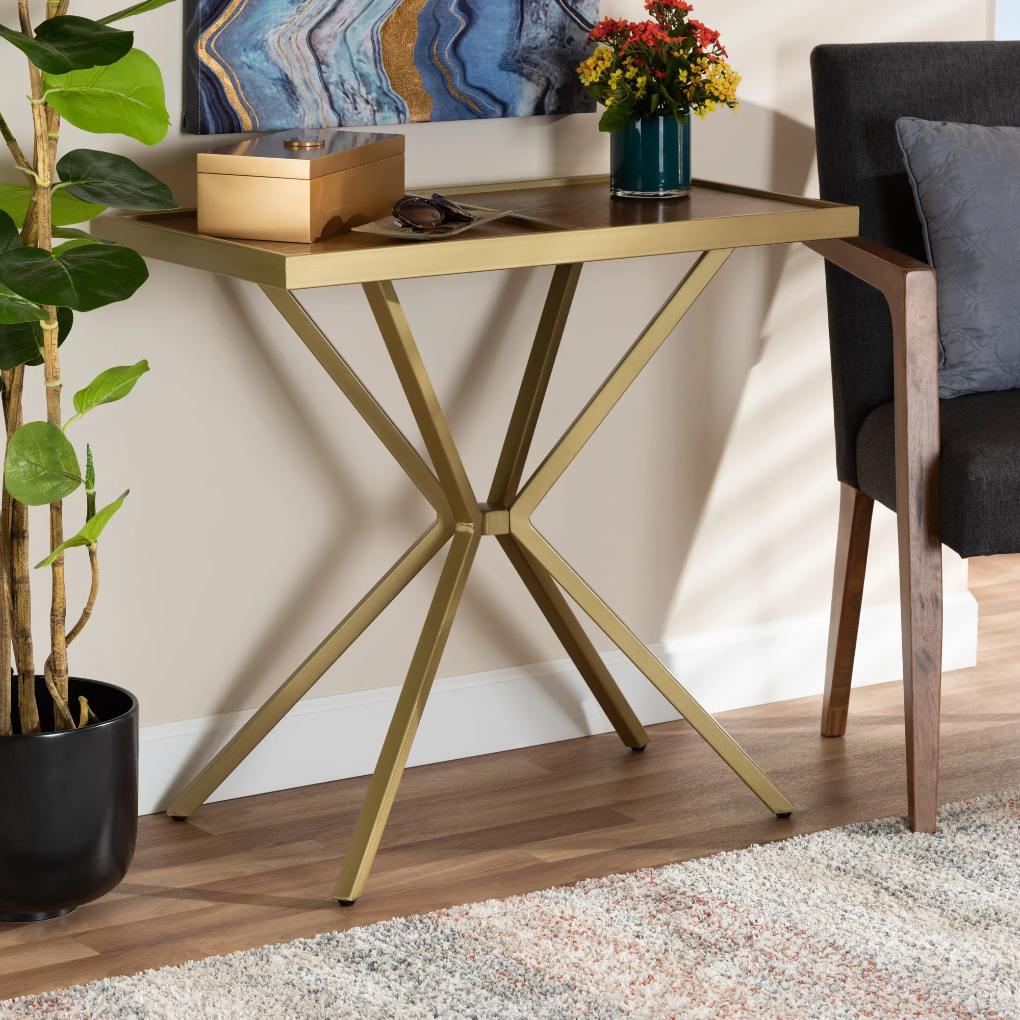 Baxton Studio Carlo Modern and Contemporary Walnut Finished Wood and Gold Finished Metal Console Table