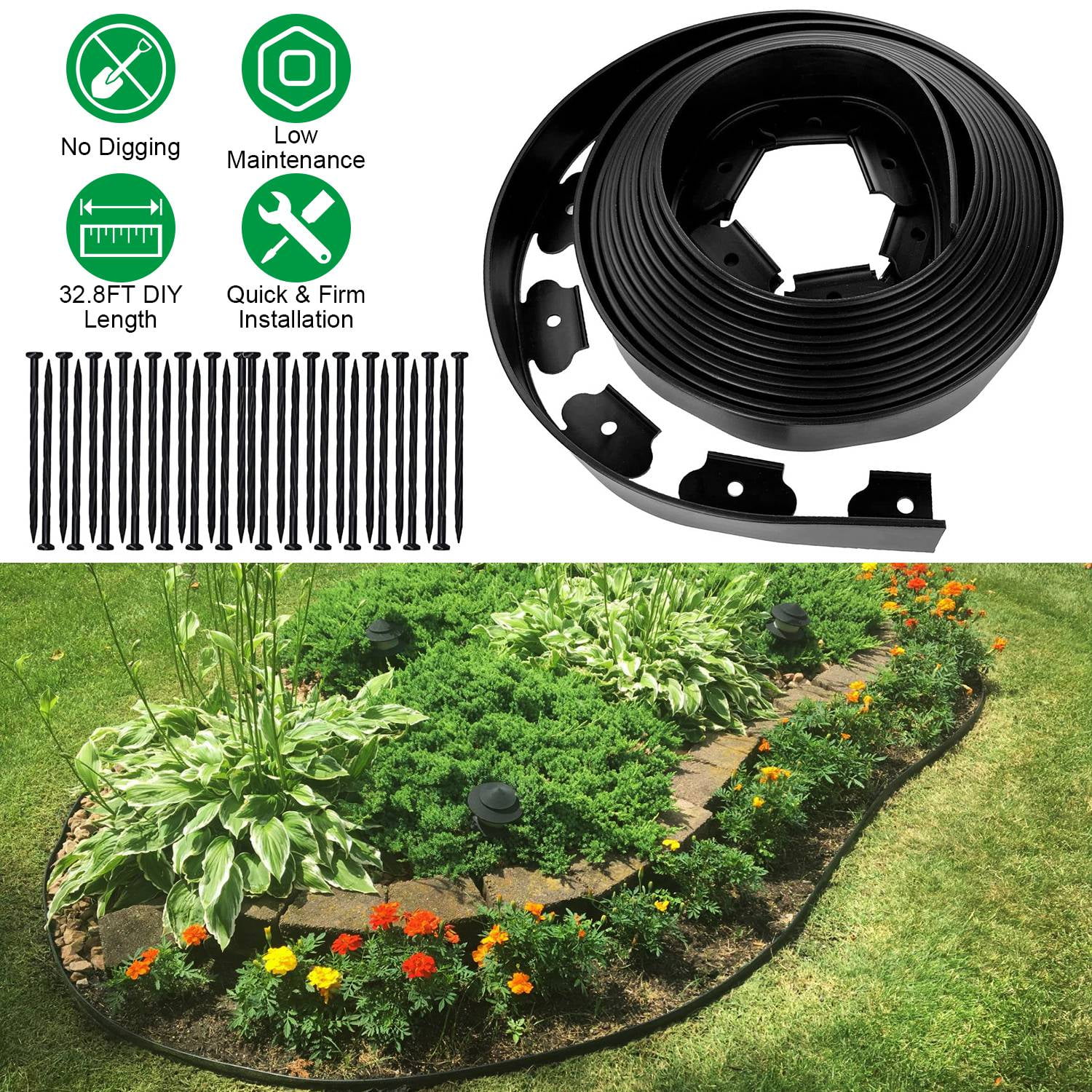 iMounTEK 33ft No Dig Landscape Edging Plastic Garden Border Kit including 30 Stakes, Black