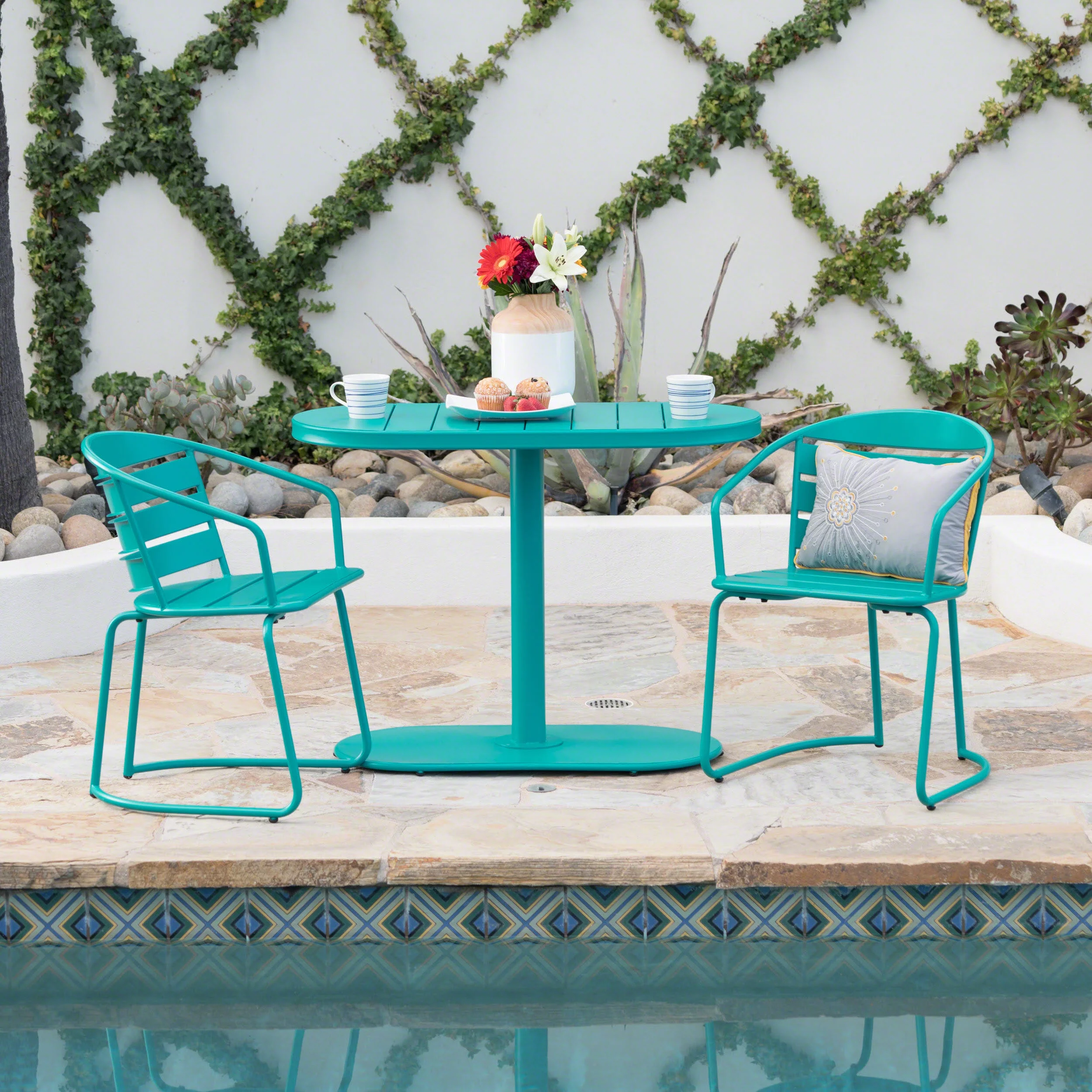 Monica Outdoor Iron Bistro Set, Matte Teal