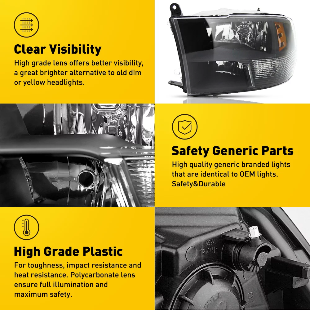 Headlight Assembly 2009-2018 Dodge Ram Quad 1500 2500 3500 Pickup Replacement Headlamp Black Housing Clear Lens