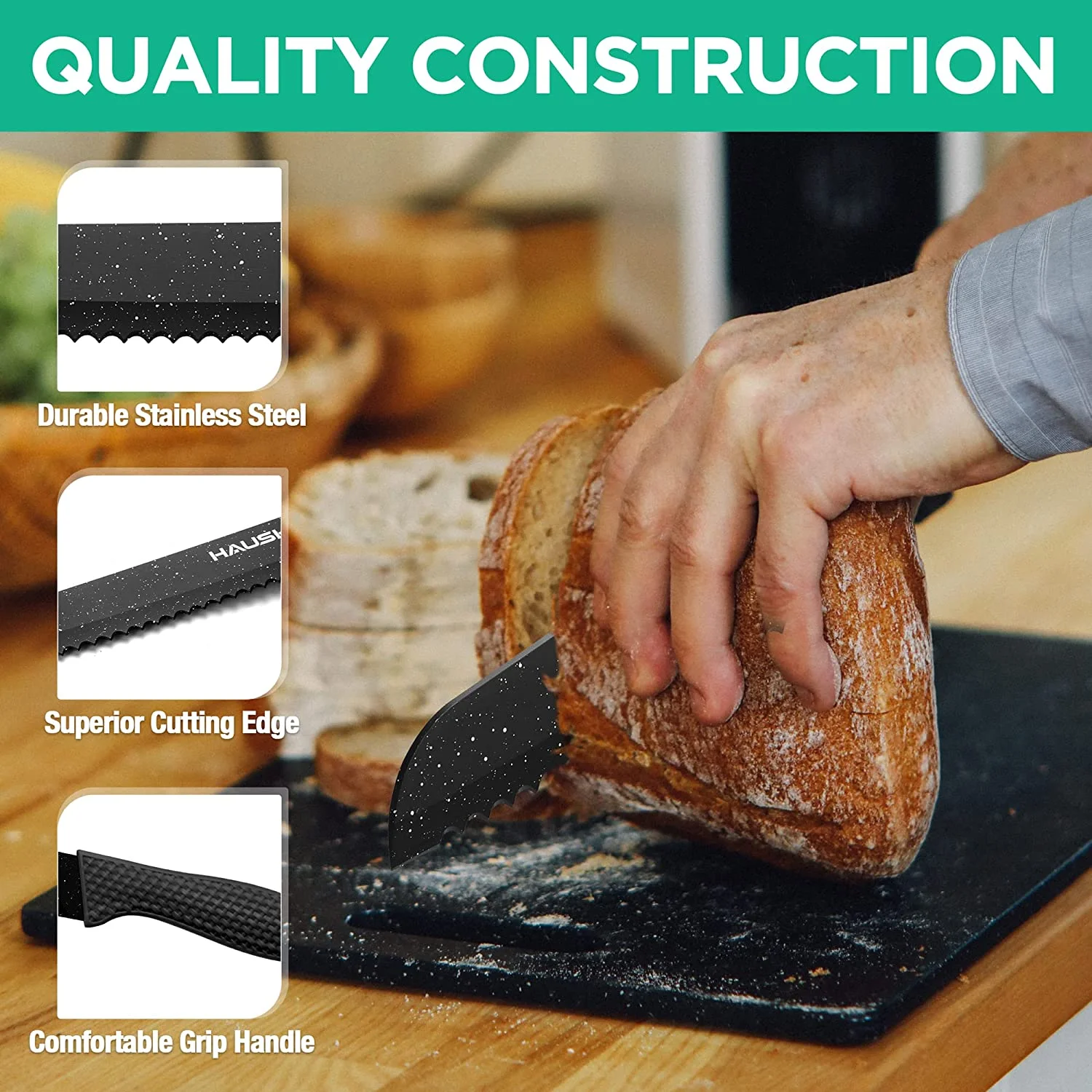 HAUSHOF Kitchen Knife Set, 5 Piece Knife Sets with Block, Premium Steel Knives Set for Kitchen with Ergonomic Handle, Great for Slicing, Dicing&Cutting