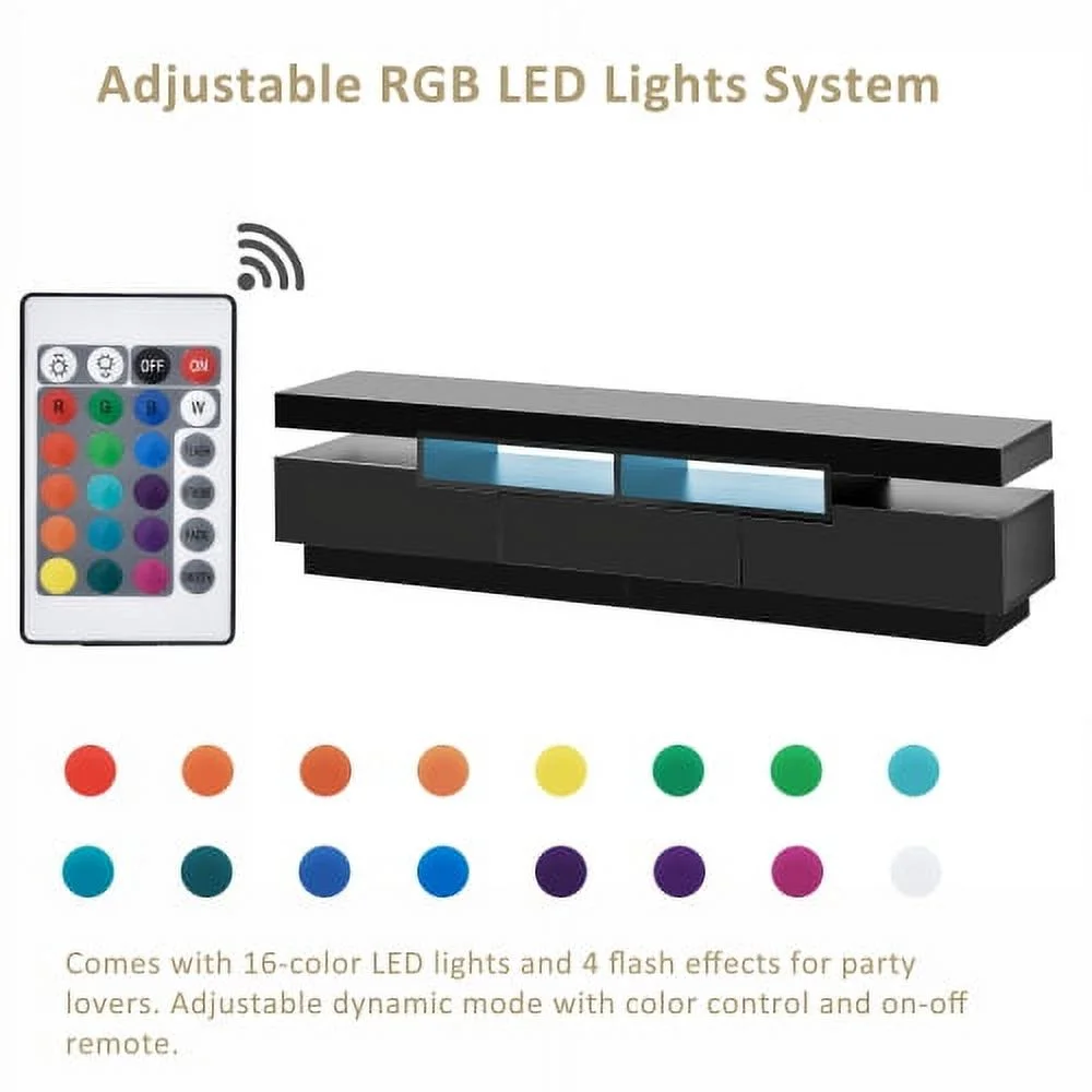 Motent On-Trend TV Stand with 4 Open Shelves, Modern High Gloss Entertainment Center for 75 Inch TV, Universal TV Storage Cabinet with 16-color RGB LED Color Changing Lights, Black