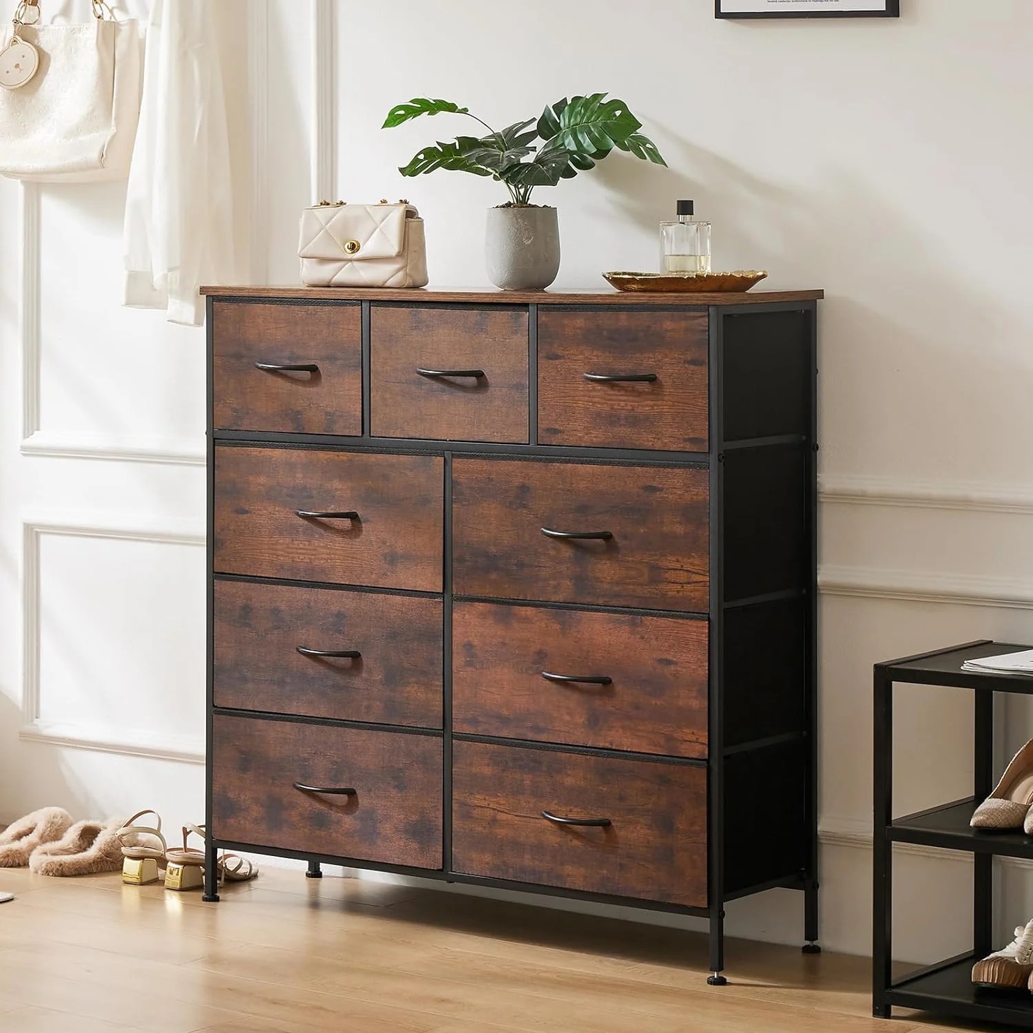 Dresser with 9 Drawers, Storage Unit Organizer Chest for Clothes, Tall Dressers & Chests of Drawers for Bedroom, Hallway, Living Room, Closet, & Dorm Furniture - Steel Frame, Wood Top