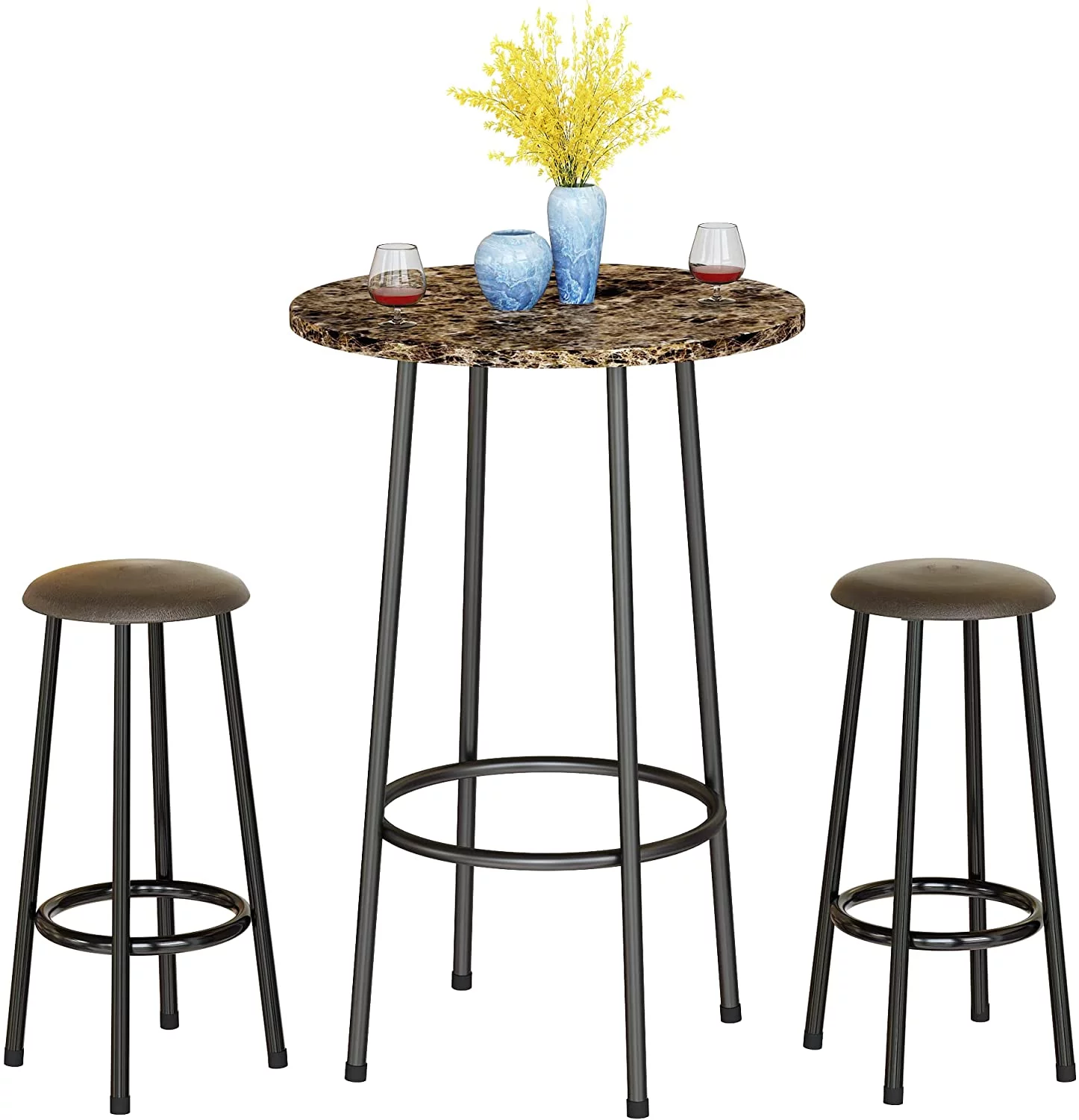 AWQM 3 Piece Bar Table Set, Round Bistro Table and Chairs Set of 2, Small Dining Pub Table Set for Breakfast Nook, Pub, Bistro, Small Spaces - Brown