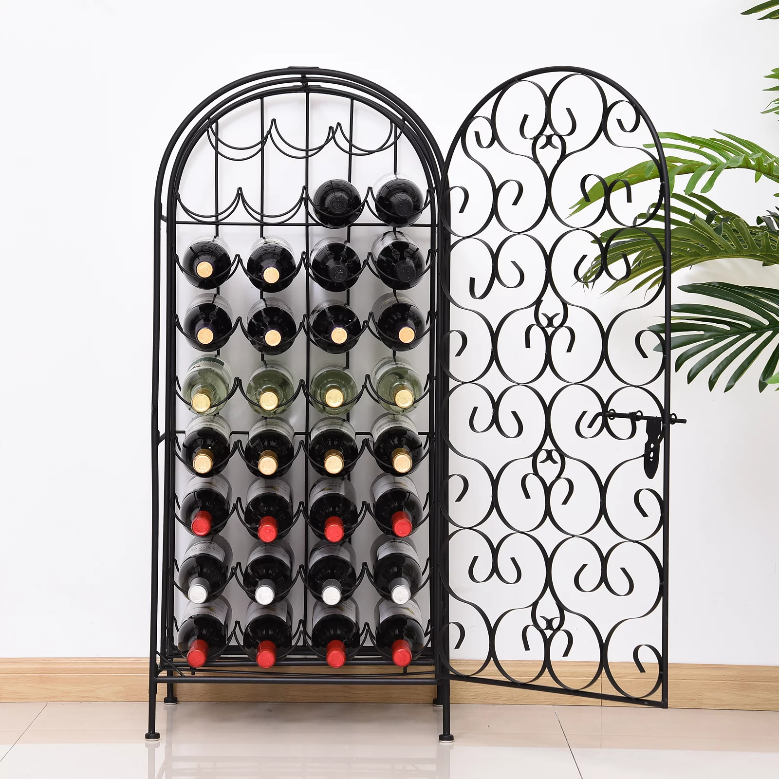 HOMCOM 35 Bottle Wrought Iron Wine Rack Cabinet with Lock,  Black