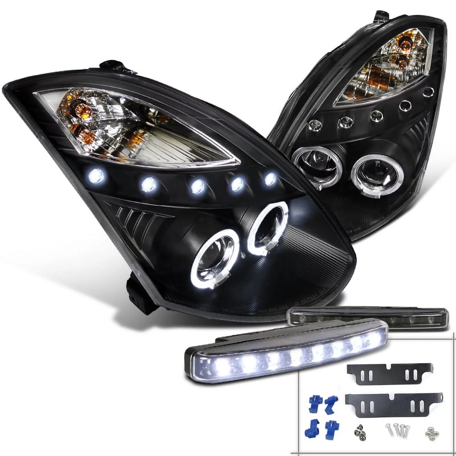 Spec-D Tuning Halo Black Projector Headlight + 8-LED Bumper Fog Lamps Compatible with Infiniti G35 2Dr Coupe Left + Right Pair Headlamps Assembly
