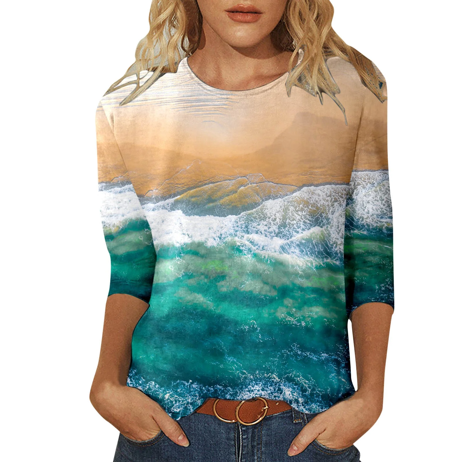 YUHAOTIN Female Sleeveless Tops for Women Women Round Neck Three Quarter Sleeve Casual Daily Full Print Loose Long Sleeve T Shirt Top Women's Blouses Satin Blouse