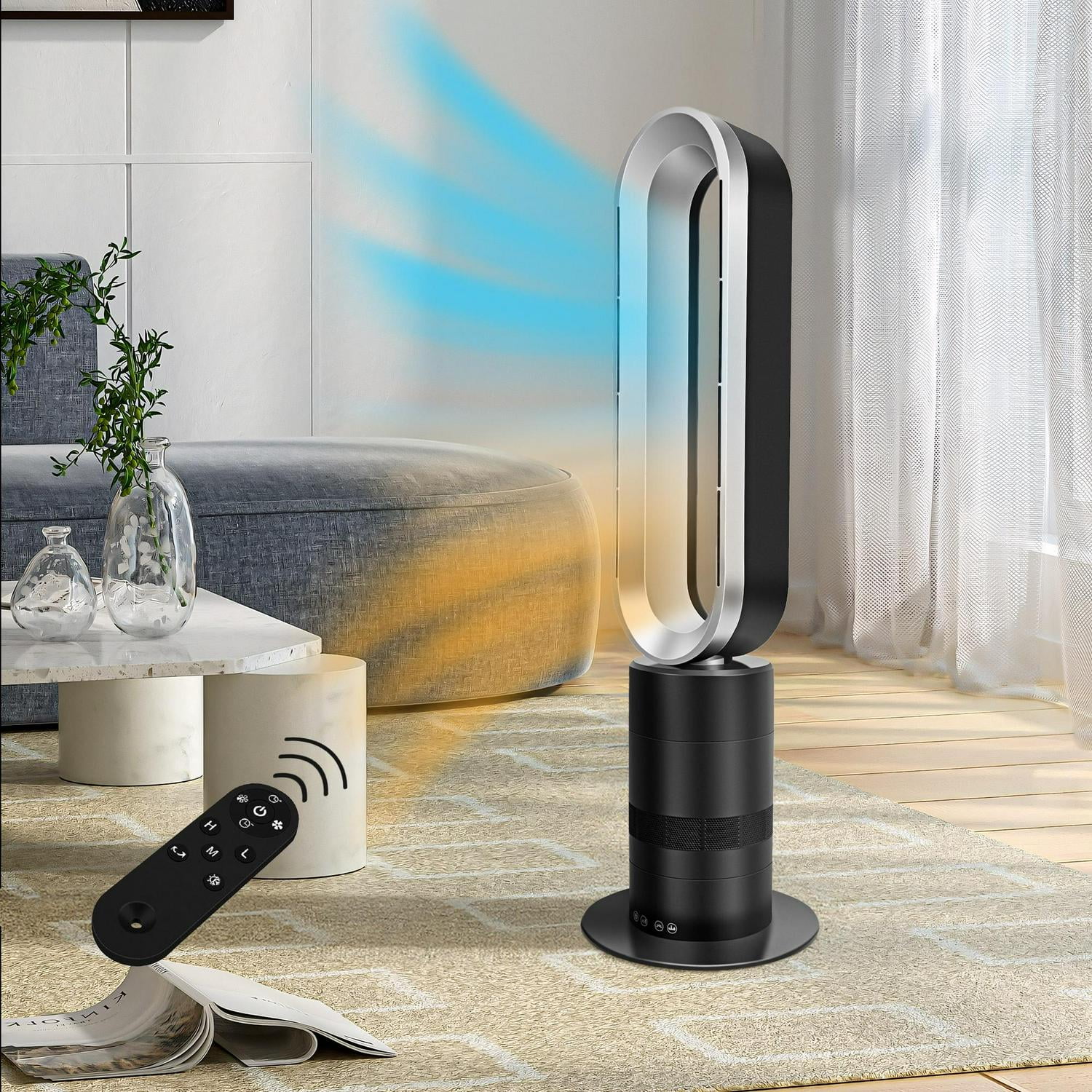 32 in. Bladeless Tower Cool Fan and Heater Fan Combo Ideal For Four Season Available Purple