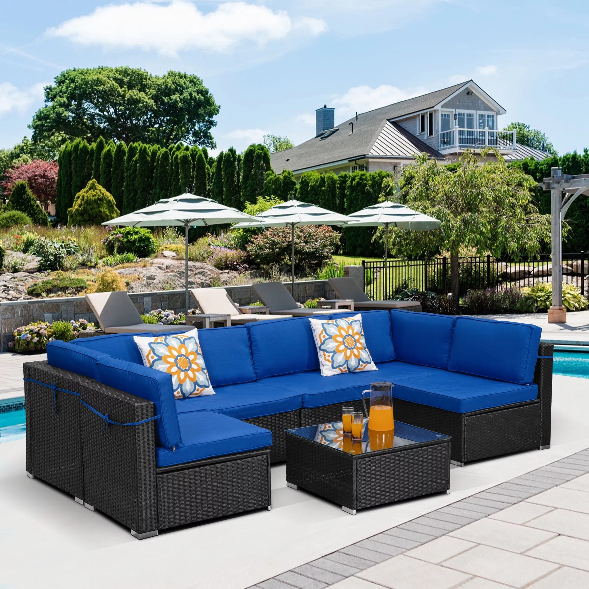 Superjoe Outdoor Patio Furniture Set, 7-Piece Black Rattan Wicker Sectional Sofa Set with Coffee Table,Royal Blue Cushion No Decorative Pillow