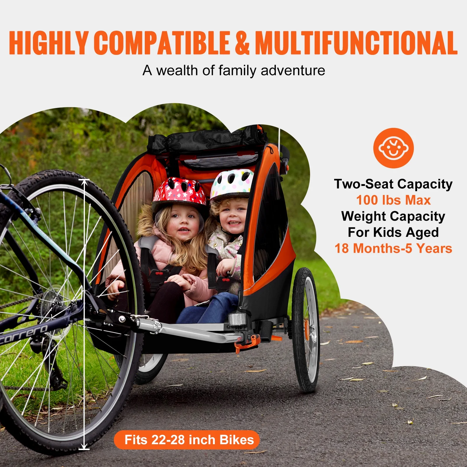 SKYSHALO Kids Bike Trailer 2 Seat Folding Stroller 100 lbs Double Stroller