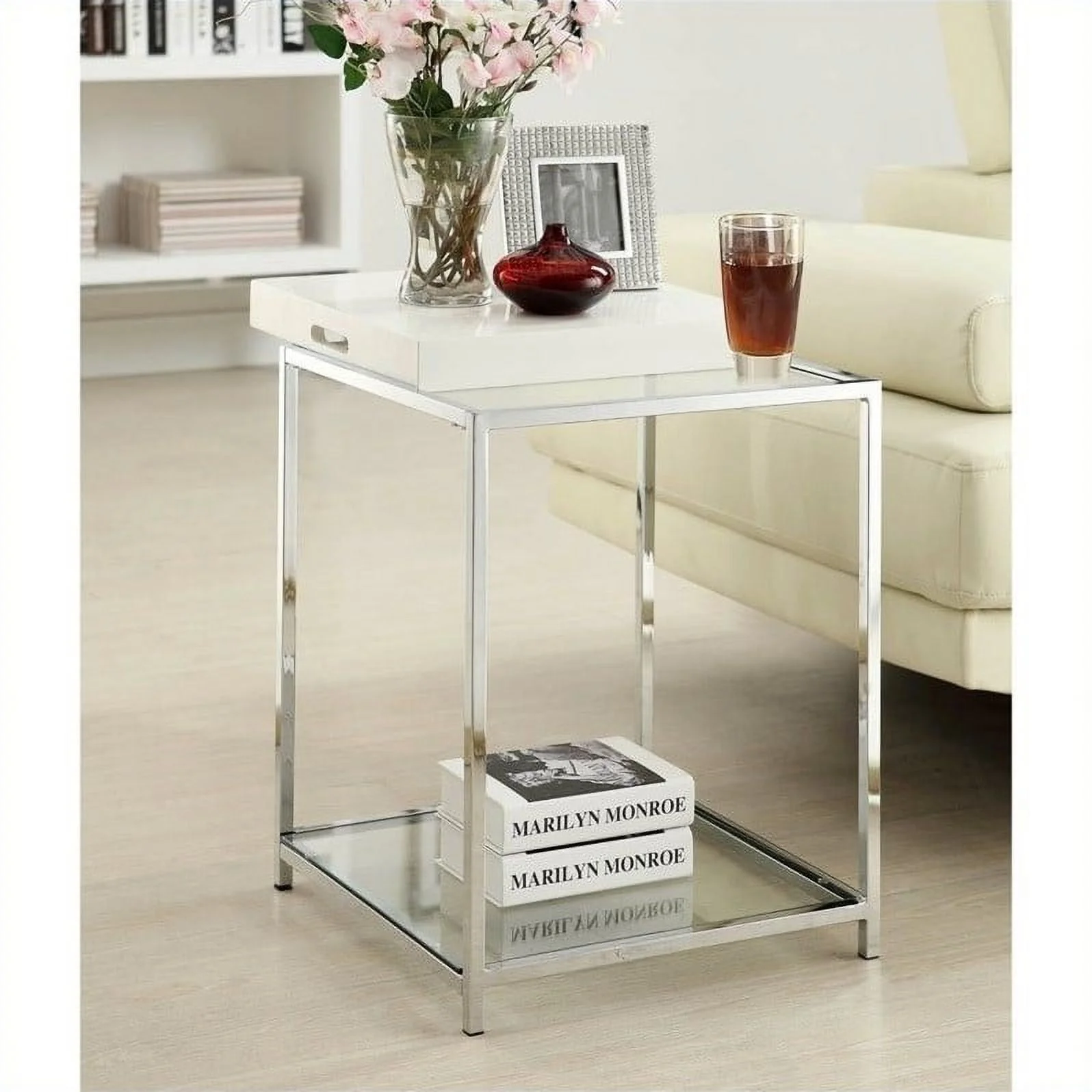 Pemberly Row Square Steel Frame Glass End Table in Chrome