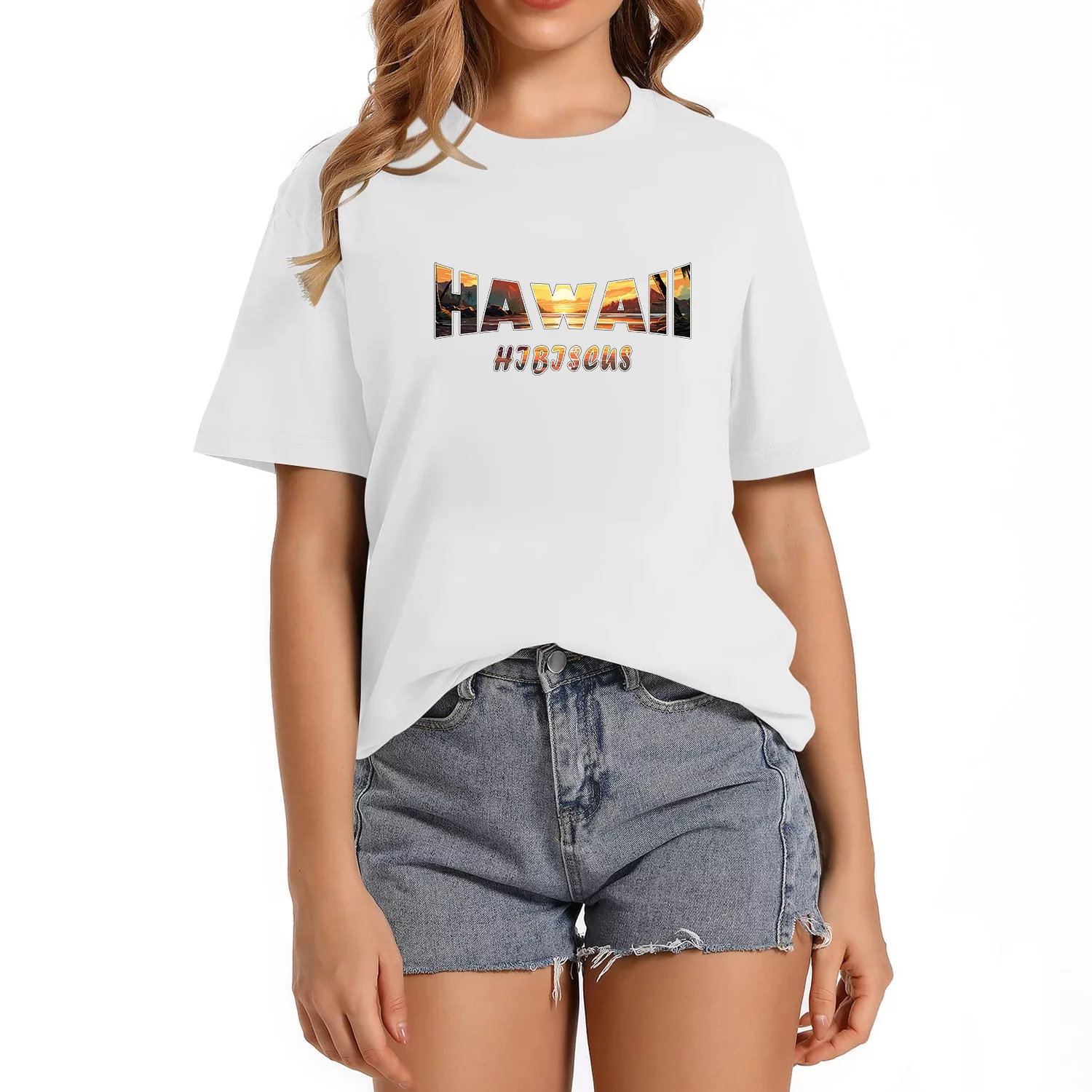 Womens T Shirt Hawaii Hibiscus Palm trees shirt retro sunset 70s vintage Palm trees Vintage Graphic Tee for Women Perfect Gift for Christmas Halloween Thanksgiving or Birthday Parties White
