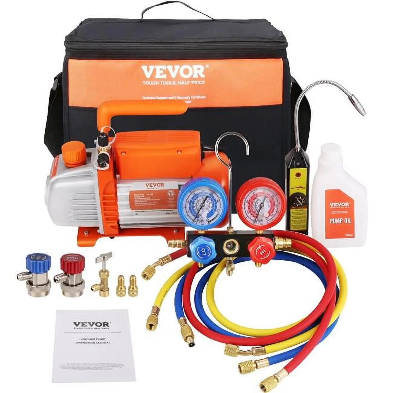 Vevor  0.25 HP 4.5 CFM AC Vacuum Pump & Gauge Set, Single Stage Rotary Vane HVAC Air Vacuum Pump AC Refrigerant Kit Manifold Gauge Set