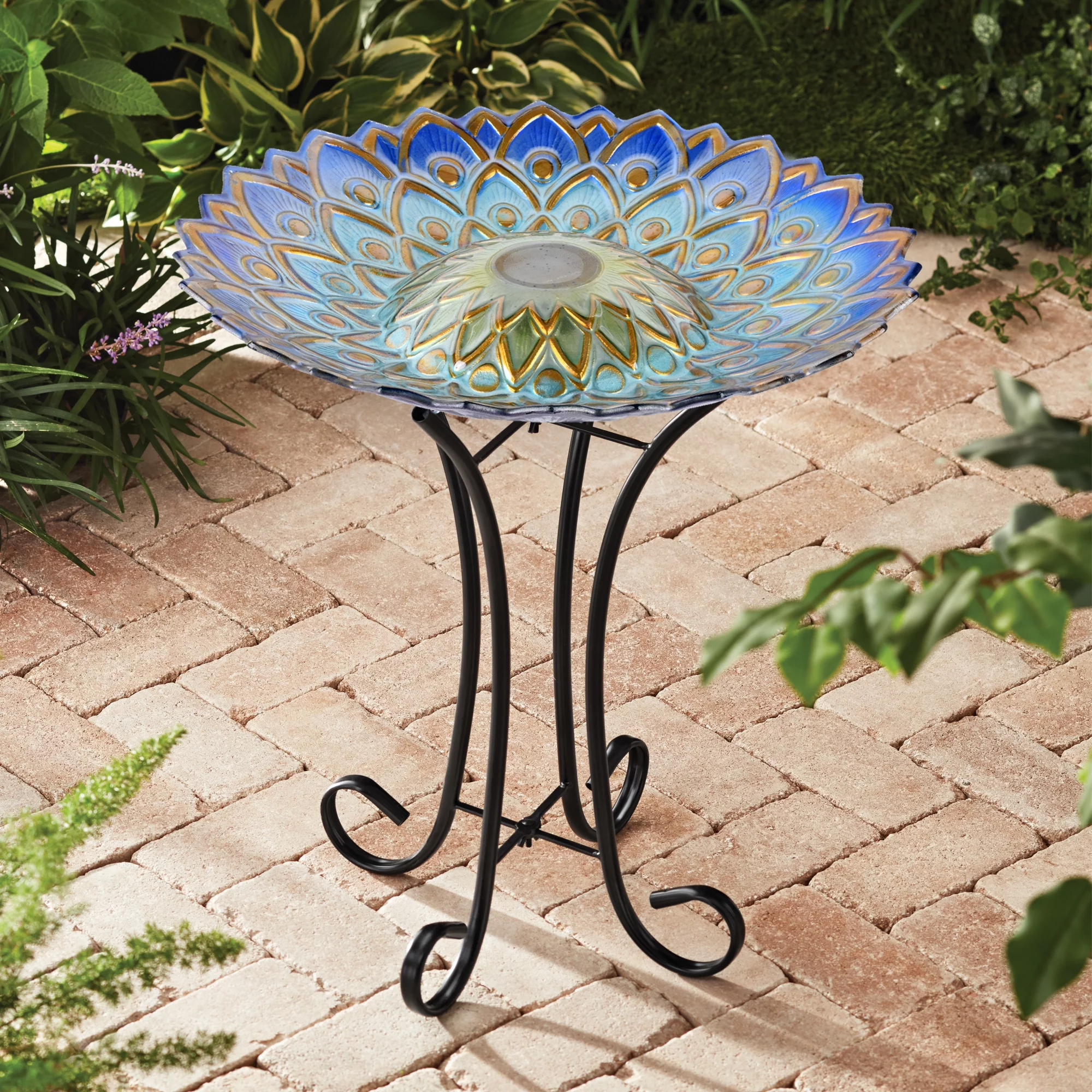 Hi-Line Gift Solar Peacock Blue Geometric Glass Bird Bath with Stand
