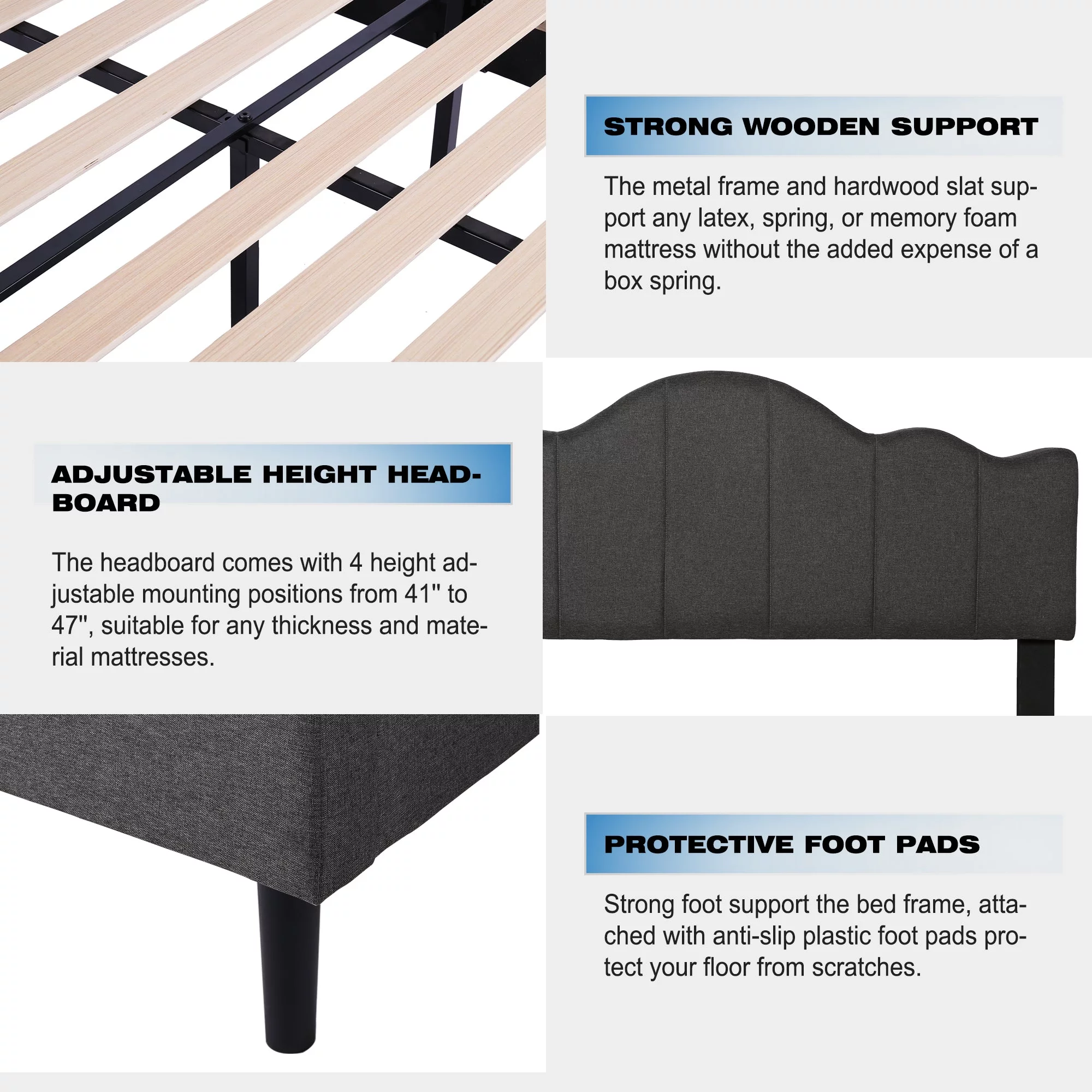 VECELO 3-Piece Bedroom Sets Upholstered Bed Frame and 2 Black Nightstand