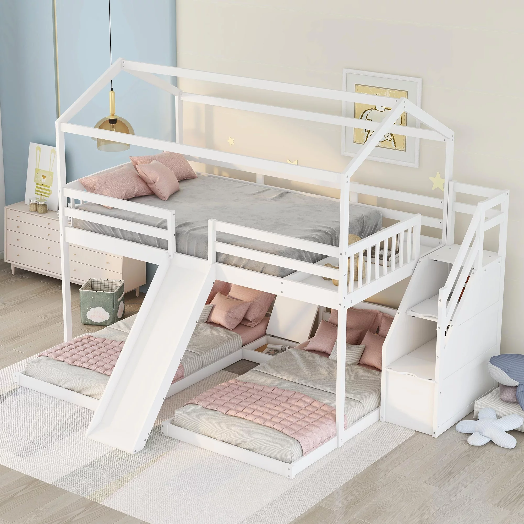 Full over Twin & Twin Bunk Bed with Slide, Drawer and Shelf for Kids Bedroom, White