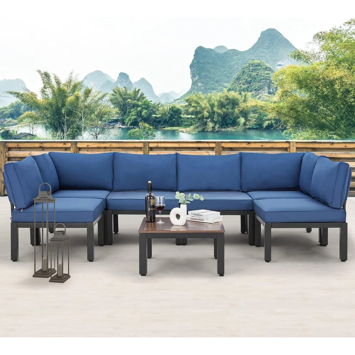 AECOJOY Outdoor Patio Furniture Set Metal Sectional Conversation Sofa Blue