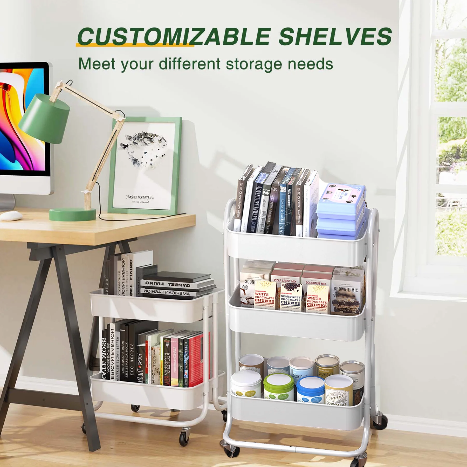 HONGGE 3 Tier Rolling Cart Metal Utility Carts with Wheels, White