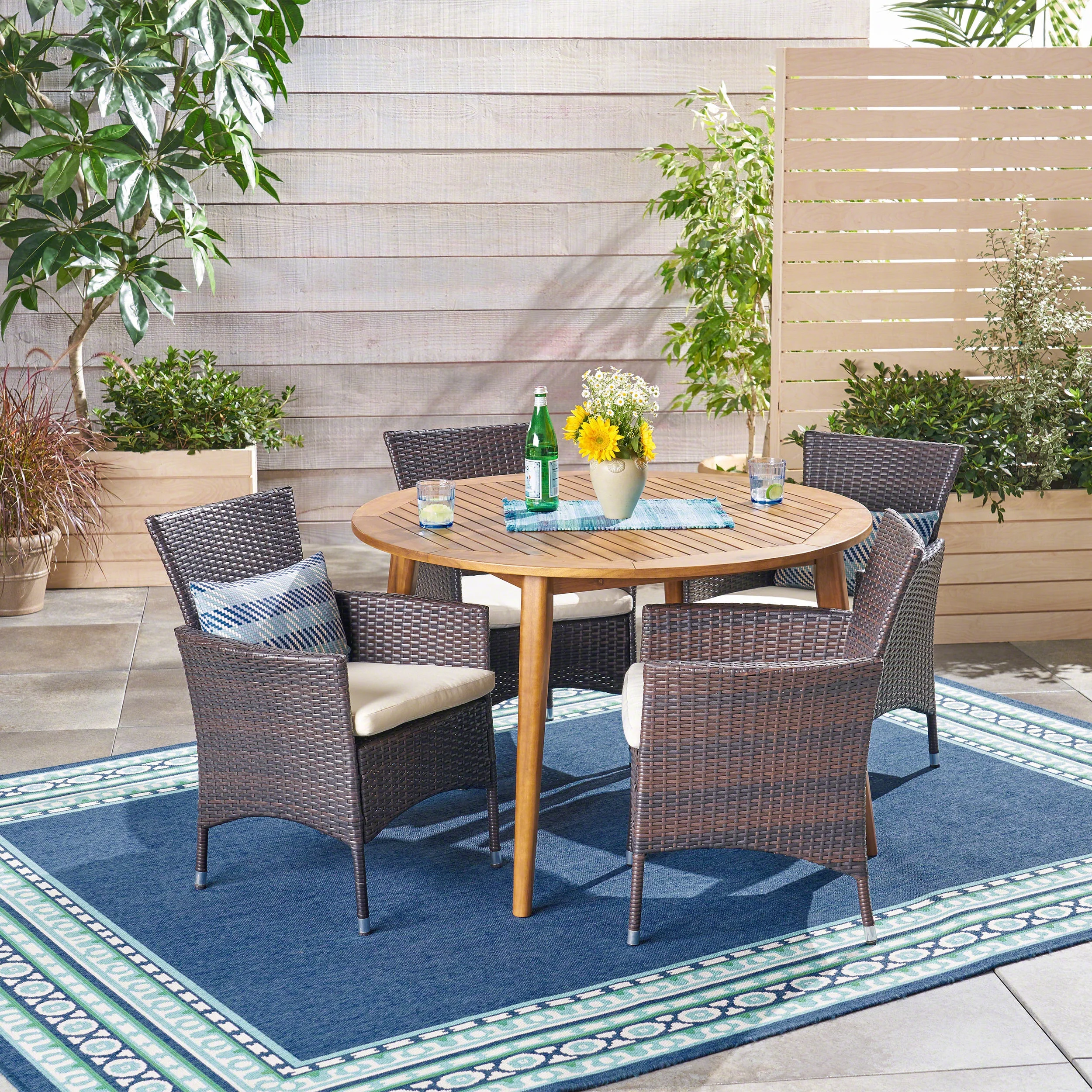 GDF Studio Philippa Outdoor Acacia Wood and Wicker 5 Piece Dining Set with Cushion, Teak, Multibrown, and Beige
