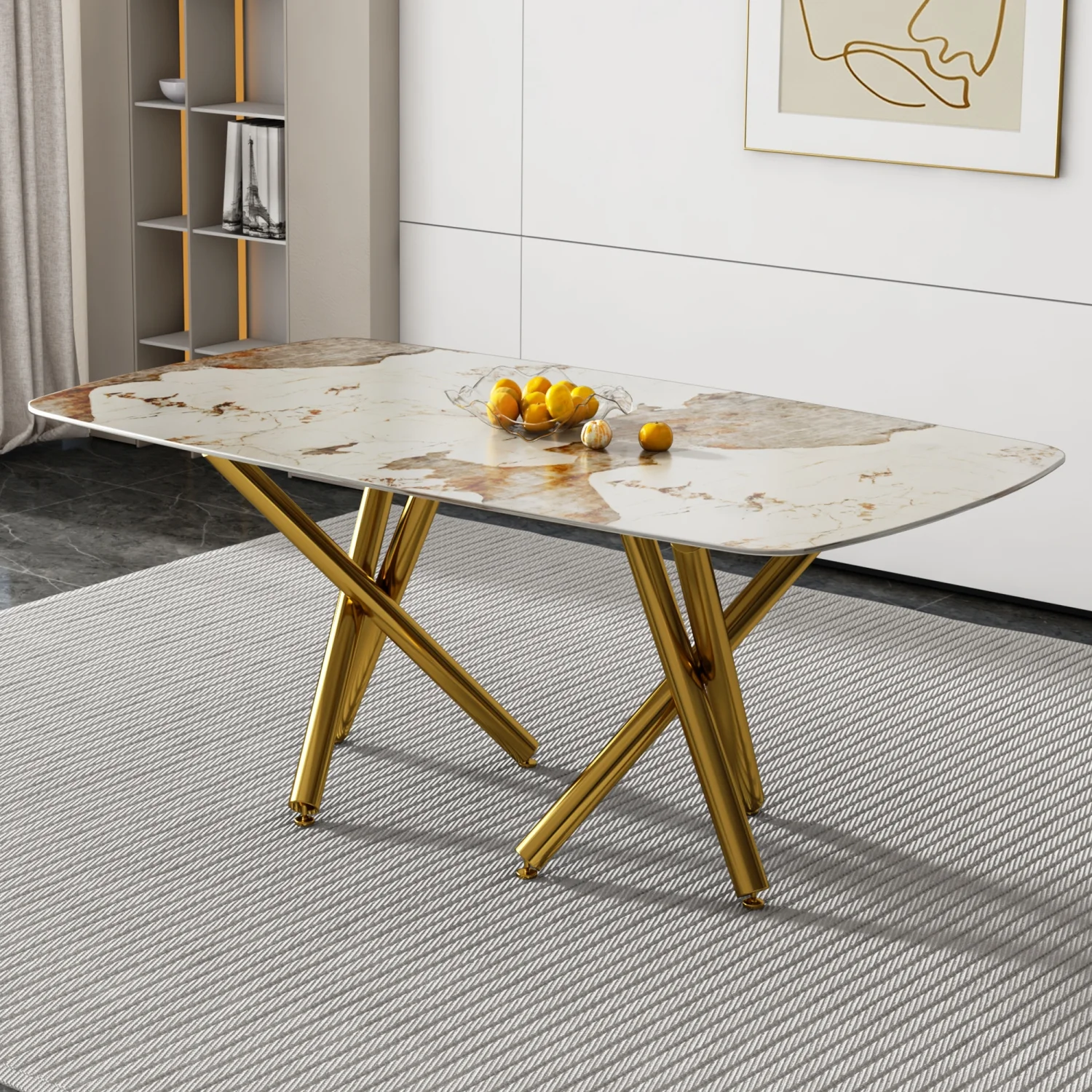 Luxurious Gold-Plated Modern Minimalist Rectangular Dining Table with Elegant Imitation Marble Tabletop - Perfect for Kitchen  Dining  Living  Meeting Room  or Banquet Hall Décor - 1538
