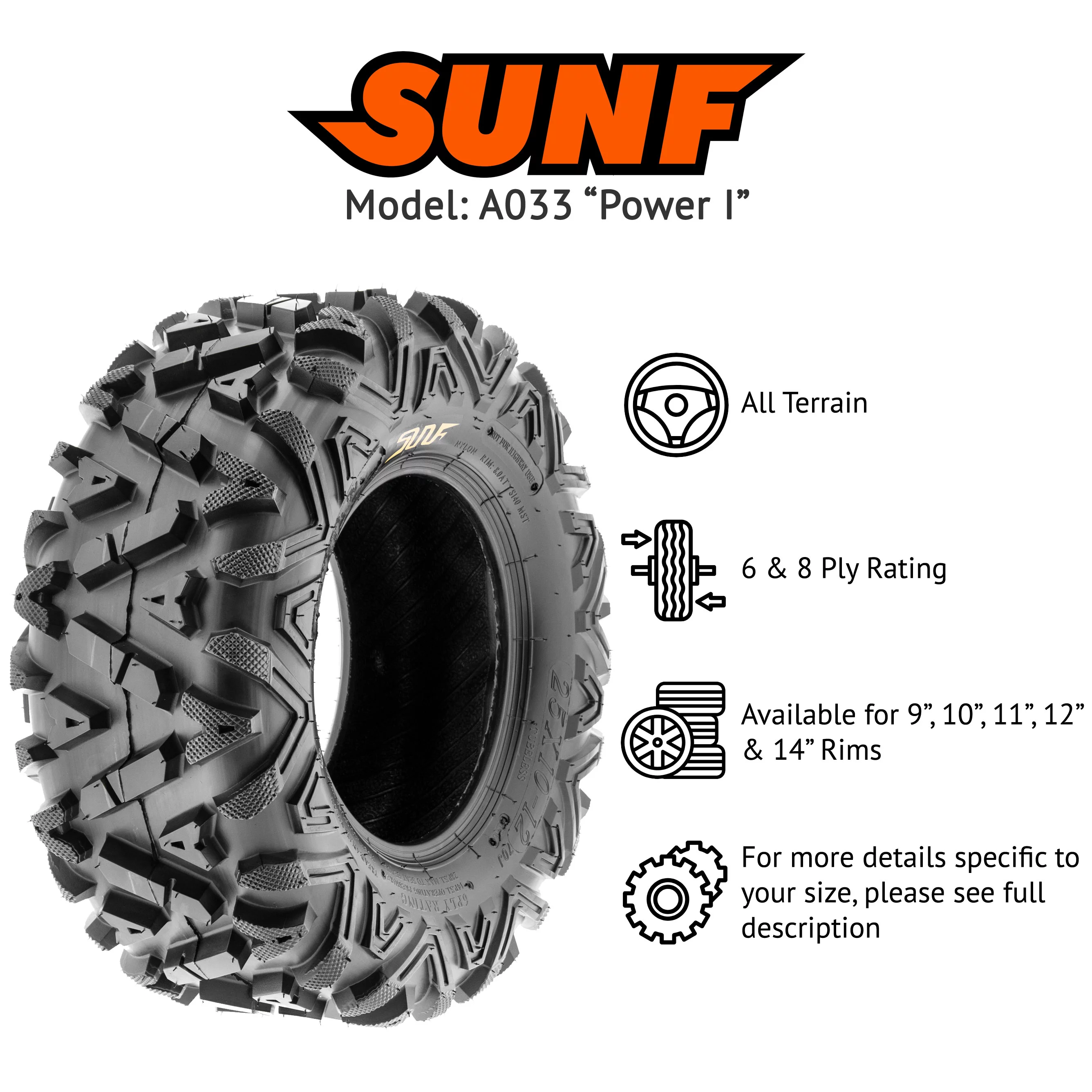 SunF All Terrain ATV UTV Tires 25x10-11 25x10x11 6 PR A033 (Single)