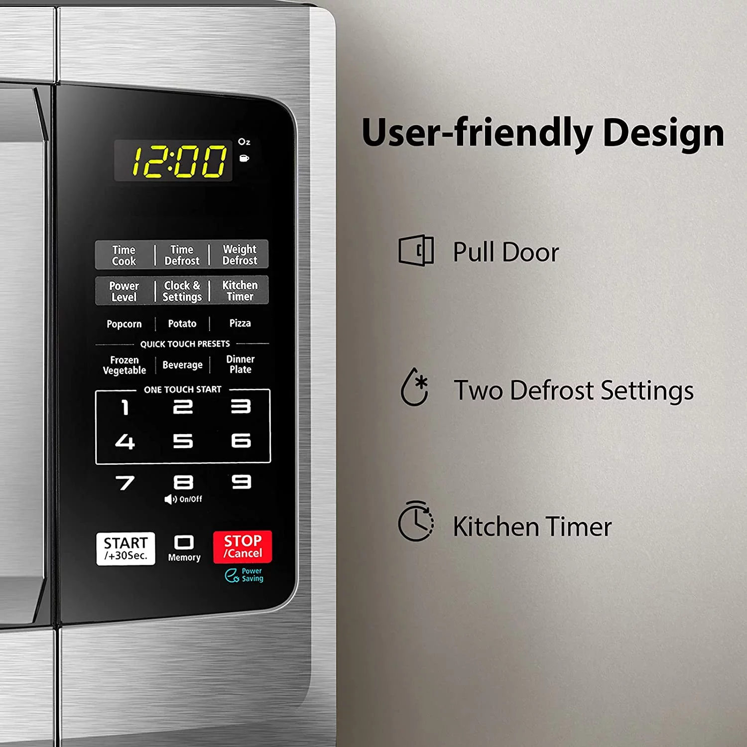 QINBI EM925A5A-SS Countertop Microwave Oven, 0.9 Cu Ft With 10.6 Inch Removable Turntable, 900W, 6 Auto Menus, Mute Function & ECO Mode, Child Lock, LED Lighting, Stainless Steel