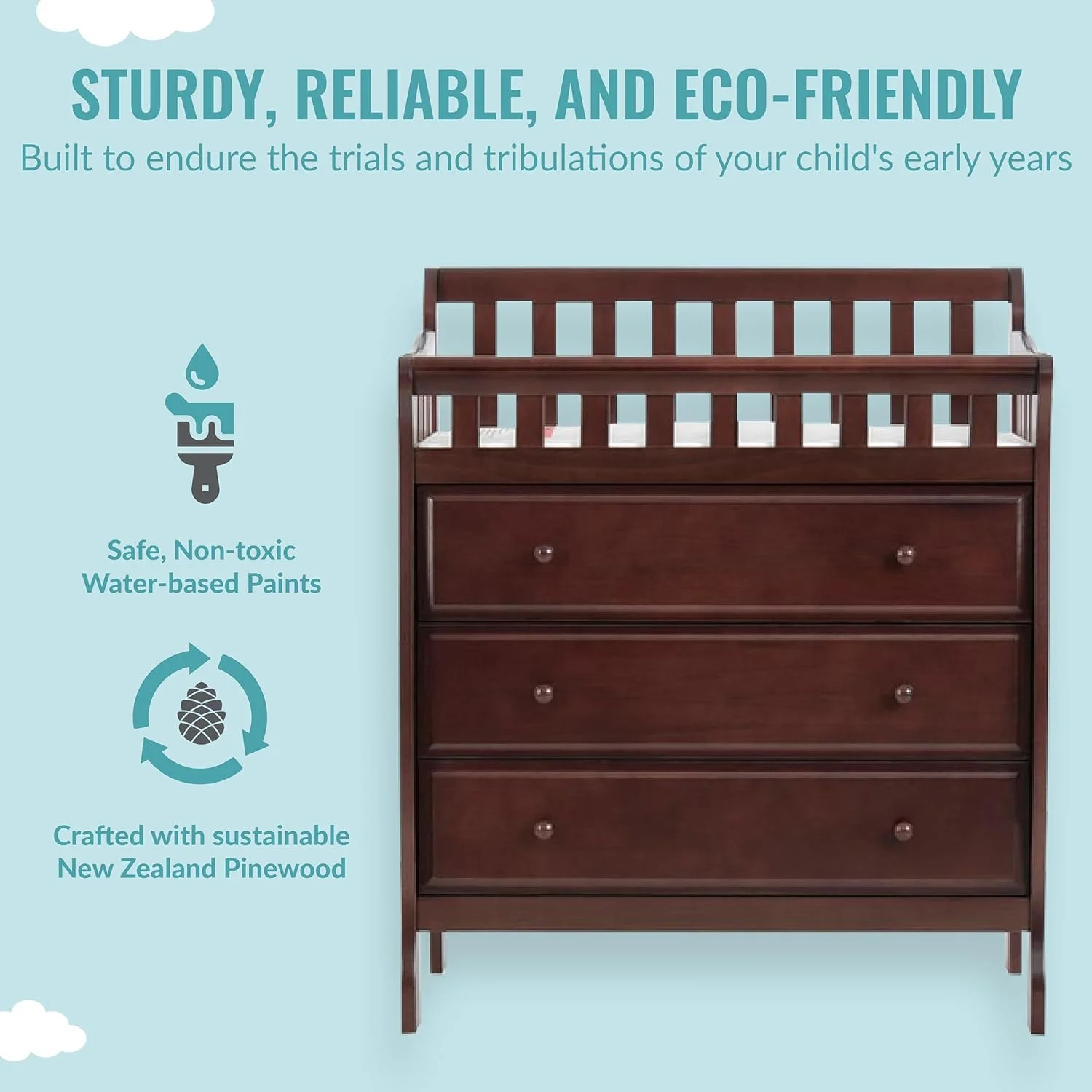 HYUN Marcus Changing Table And Dresser In Espresso, Features 3 Spacious Drawers, Non-Toxic Finishes, Comes With 1