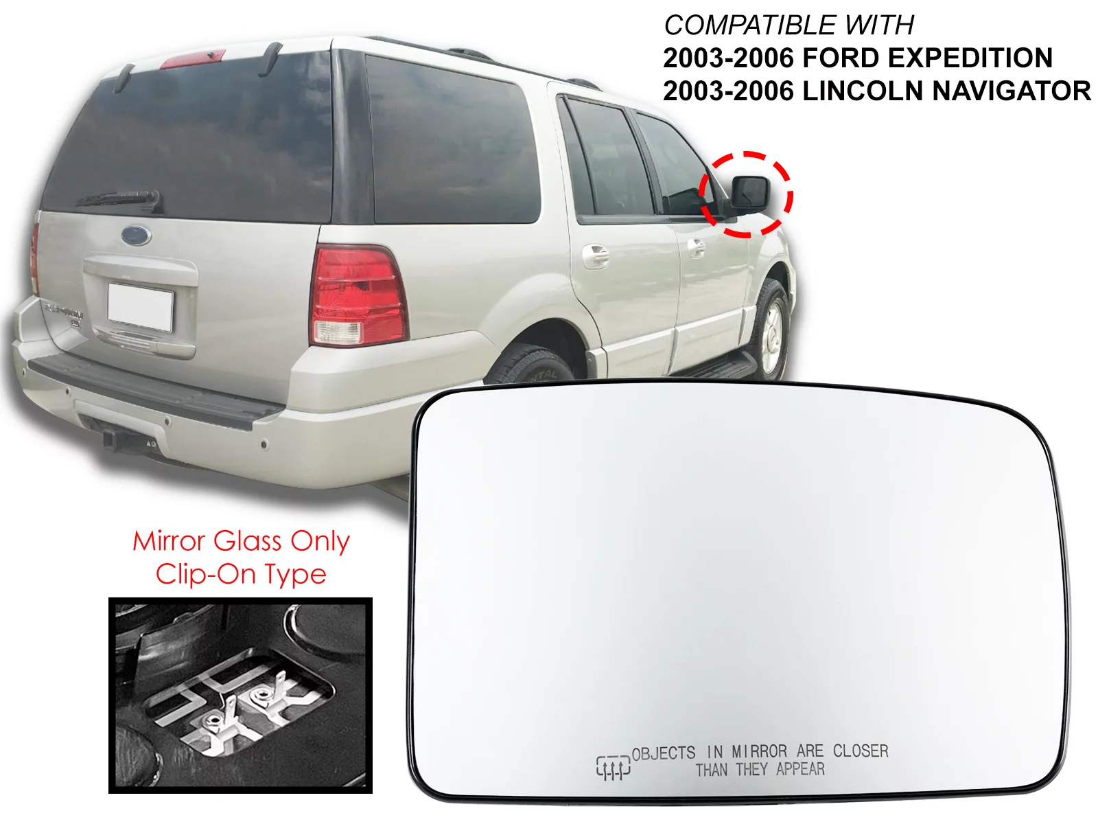 APA Replacement for Side View Mirror Glass Heated 2003 - 2006 EXPEDITION NAVIGATOR Right Passenger Side 2L1Z17K707AB FO1325143