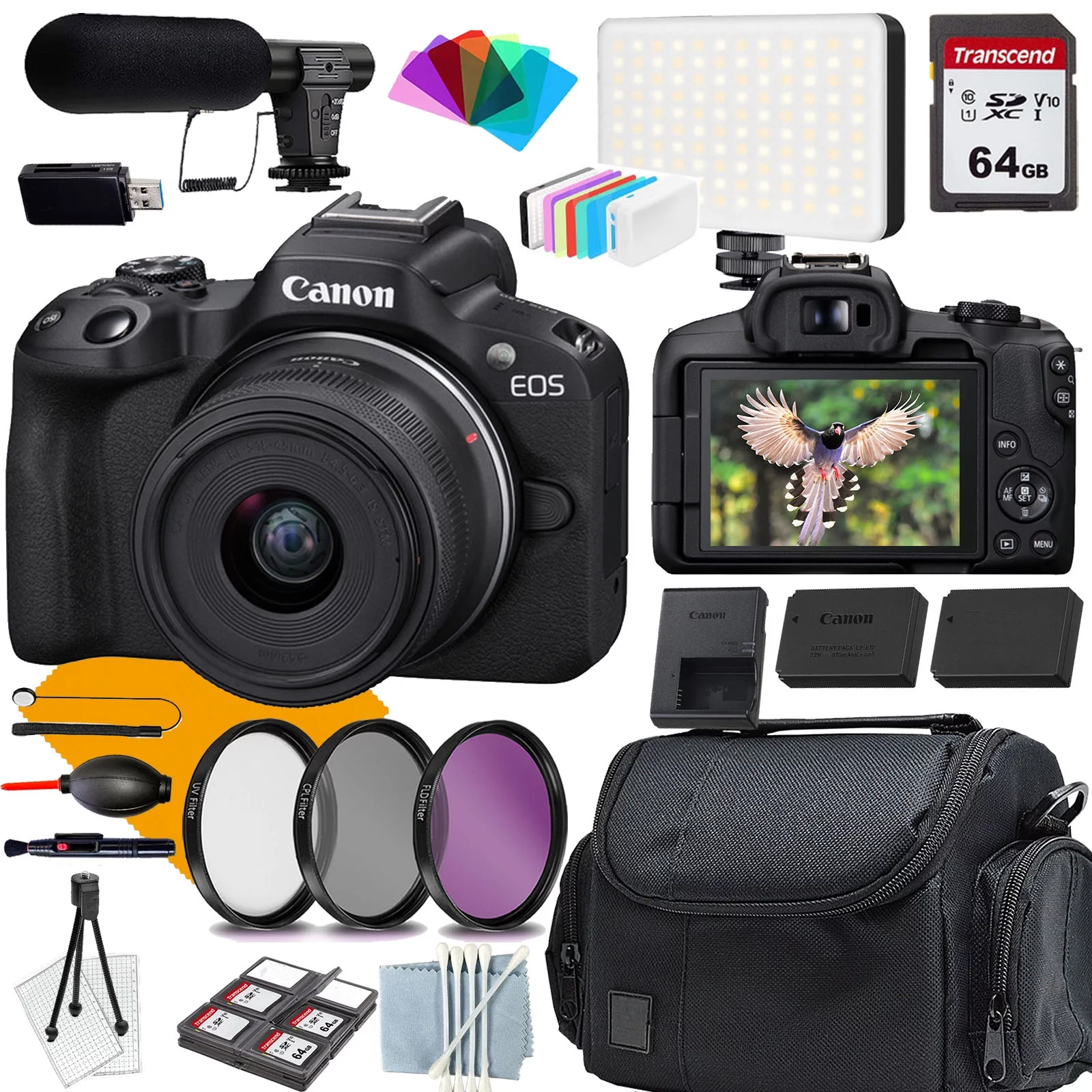 Canon EOS R50 Camera with Canon EF-M 18-45mm Lens + COMMANDER Starter Kit + Lens Filters + CASE + 64GB Memory Card+Extra Battery (18PC Bundle)