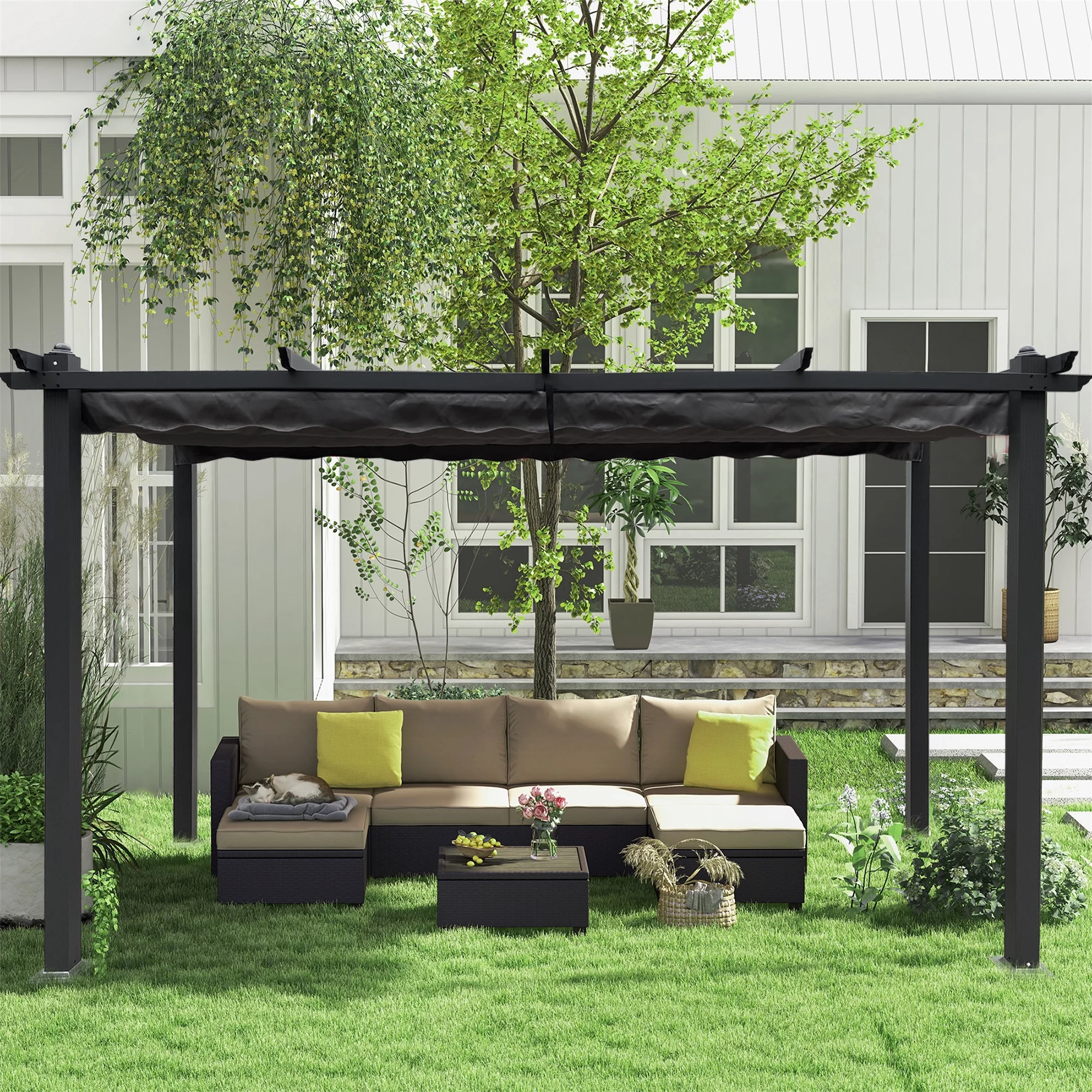 13x10 Ft Outdoor Patio Retractable Pergola With Canopy Sunshelter Pergola for Gardens,Terraces,Backyard, Gray