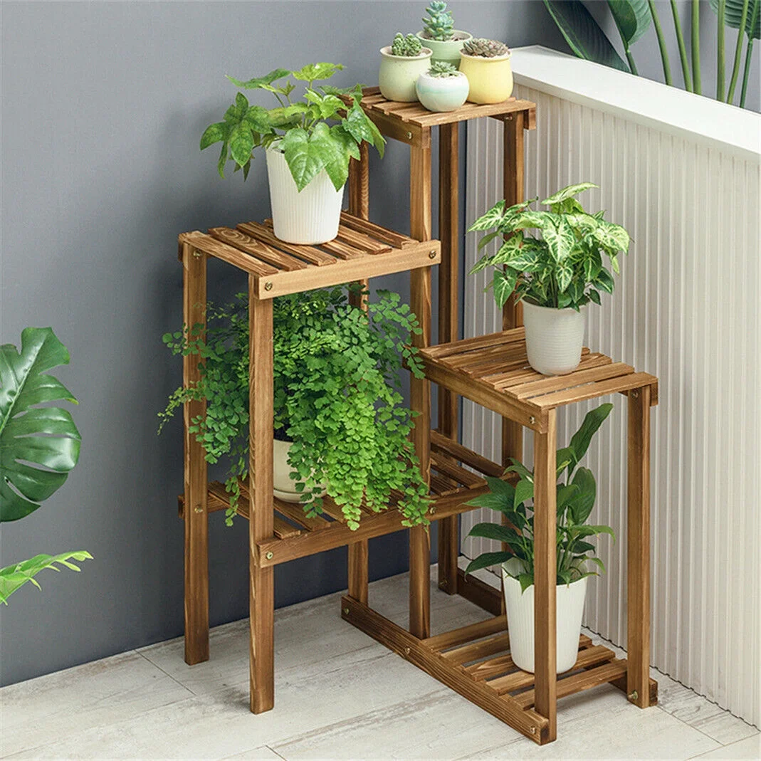 5 Tier Pine Wood Plant Stand Flower Pot Shelf Rack Bonsai Display Window Corner