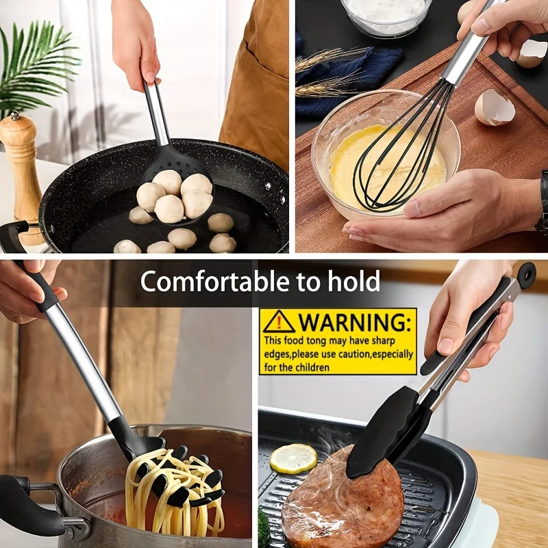 15pcs/set, Non-Stick Silicone Cooking Utensil Set with Metal Handle - Spatula Set - Kitchen and Cookware Essentials for College Dorm and Apartment - Black