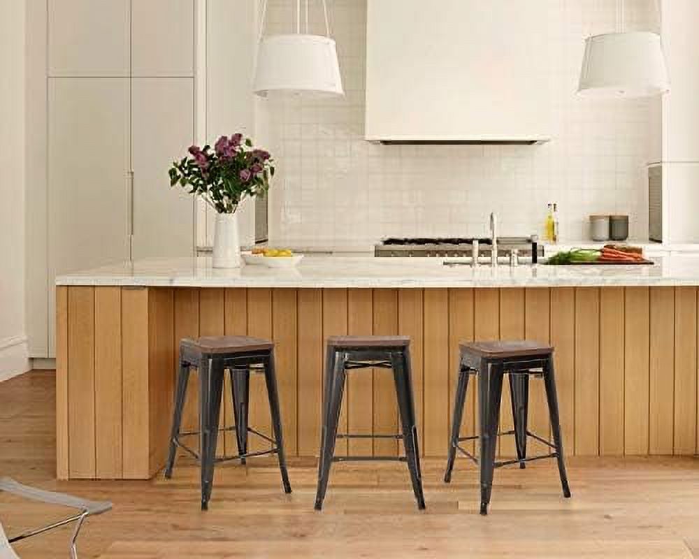 CDJXNLY 24 Inches Metal  Stools Set of 4 Counter Height Wood Seat Barstool Patio Stool Stackable Backless Stool Indoor Outdoor Metal Kitchen Stools  Chairs (Red)