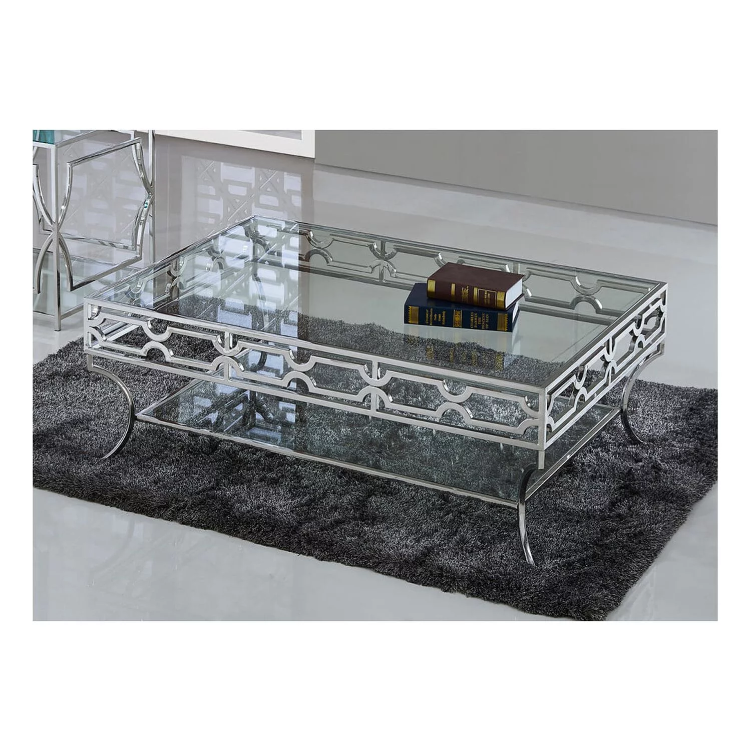 Best Master Abigail Glass and Stainless Steel Base Coffee Table in Silver