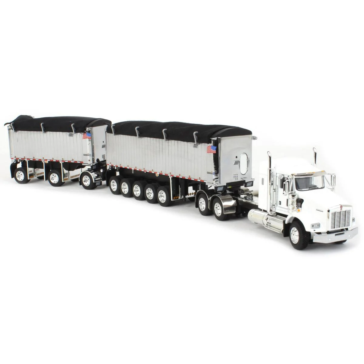 First Gear 1/64 White/Chrome Kenworth T800 w/ Chrome East Genesis II End Dump Trailers, DCP, 60-1571