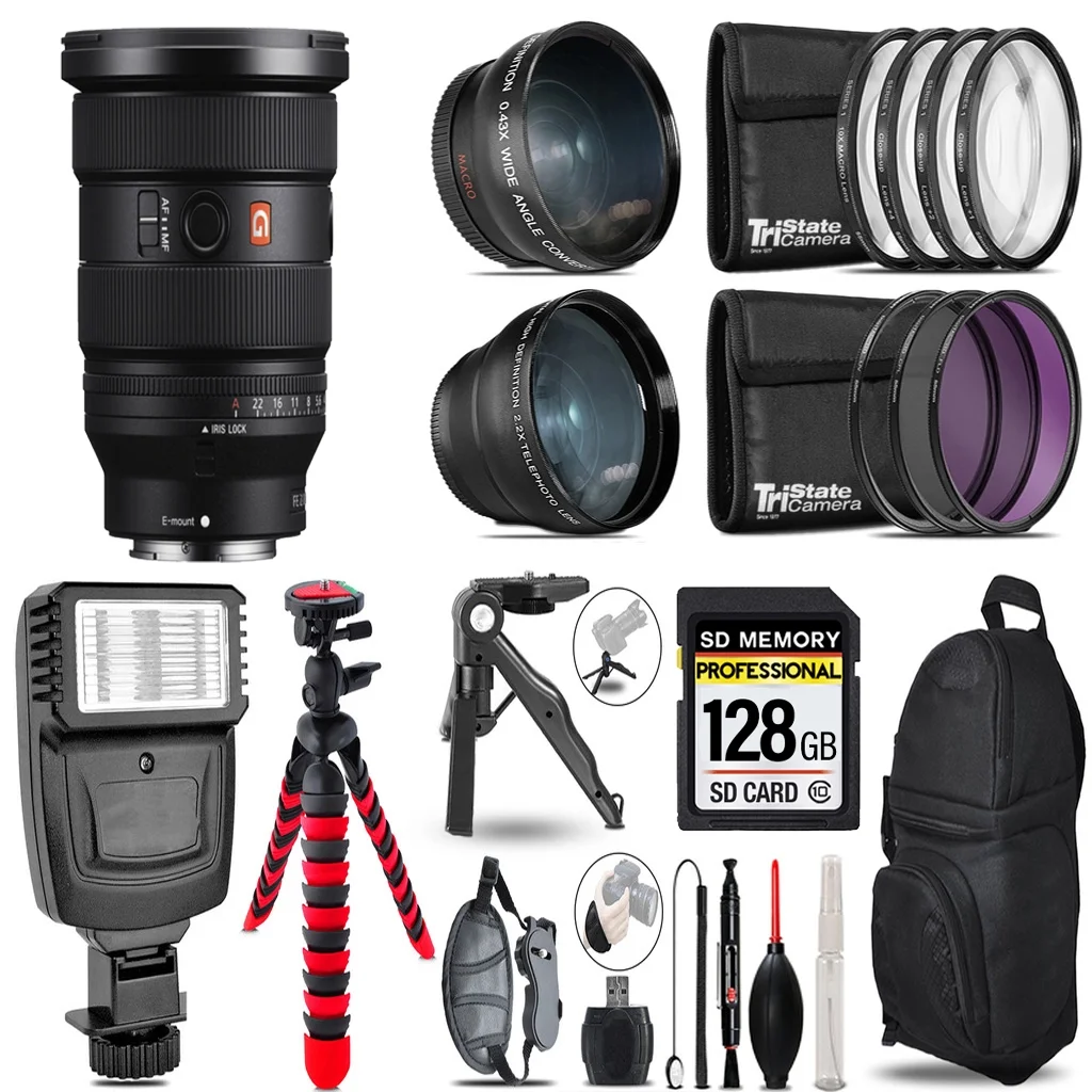SONY FE 16-35mm f/2.8 GM II Lens for Sony E +3 Lens Kit + Slave Flash + Tripod - 128GB Accessory Bundle