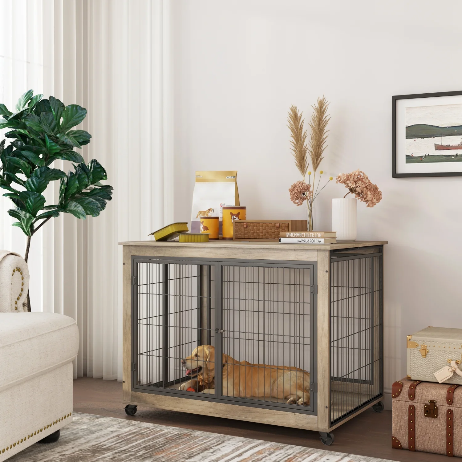Furniture Style Dog Crate Side Table on Wheels with Double Doors and Lift Top. Grey  43.7‘‘ W x 30‘‘ D x 31.1‘‘ H.