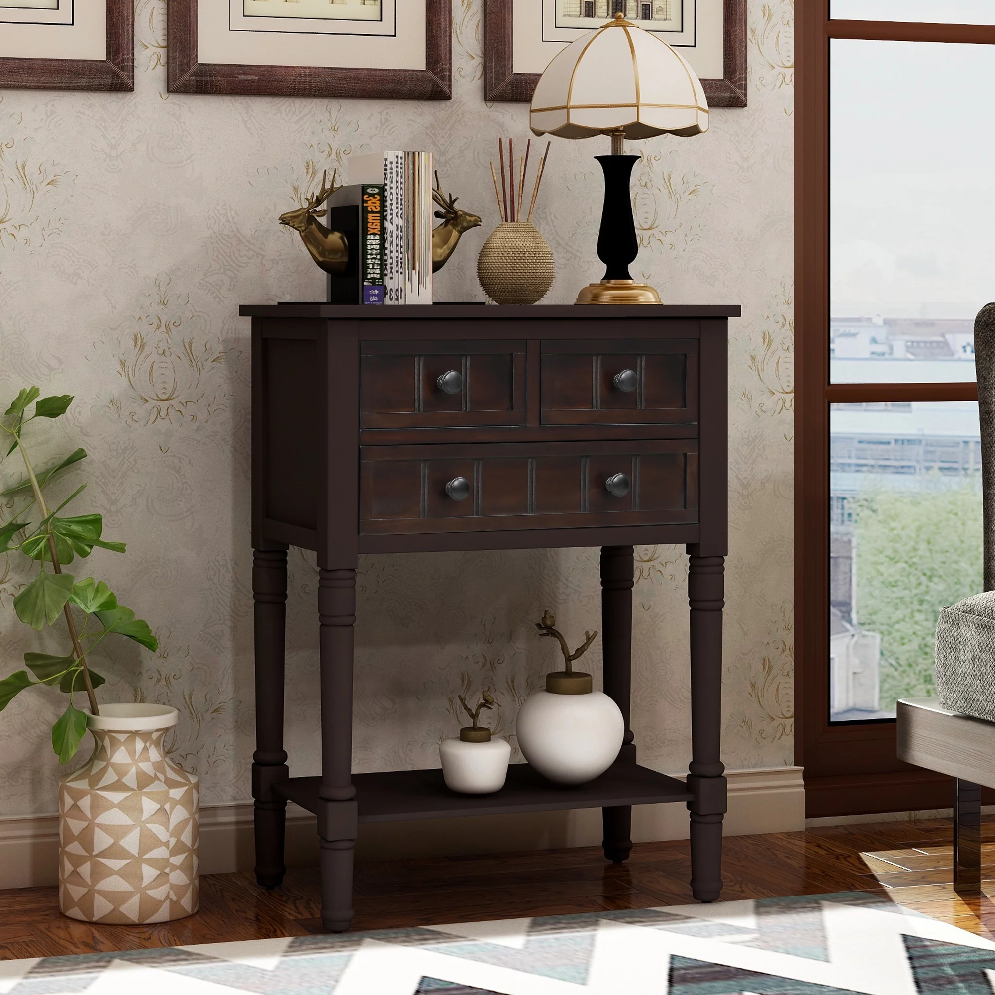 Console Sofa Table with 3 Drawers and Bottom Shelf, Entryway Hall Table, Sofa Tables Narrow Easy Assembly